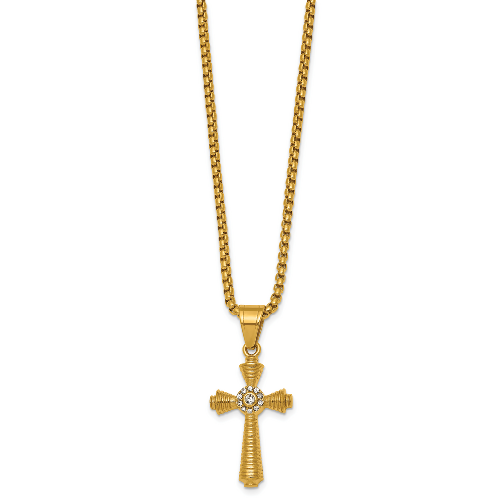 Gold-Tone Polished Crystal Cross Stainless Steel Rolo Chain Necklace