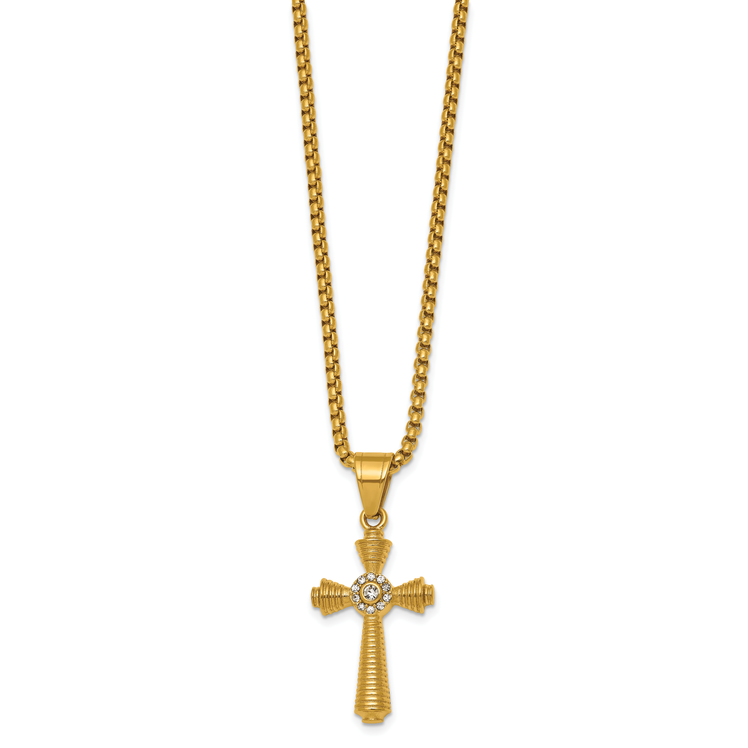 Gold-Tone Polished Crystal Cross Stainless Steel Rolo Chain Necklace