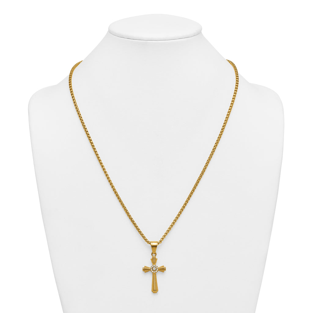 Gold-Tone Polished Crystal Cross Stainless Steel Rolo Chain Necklace