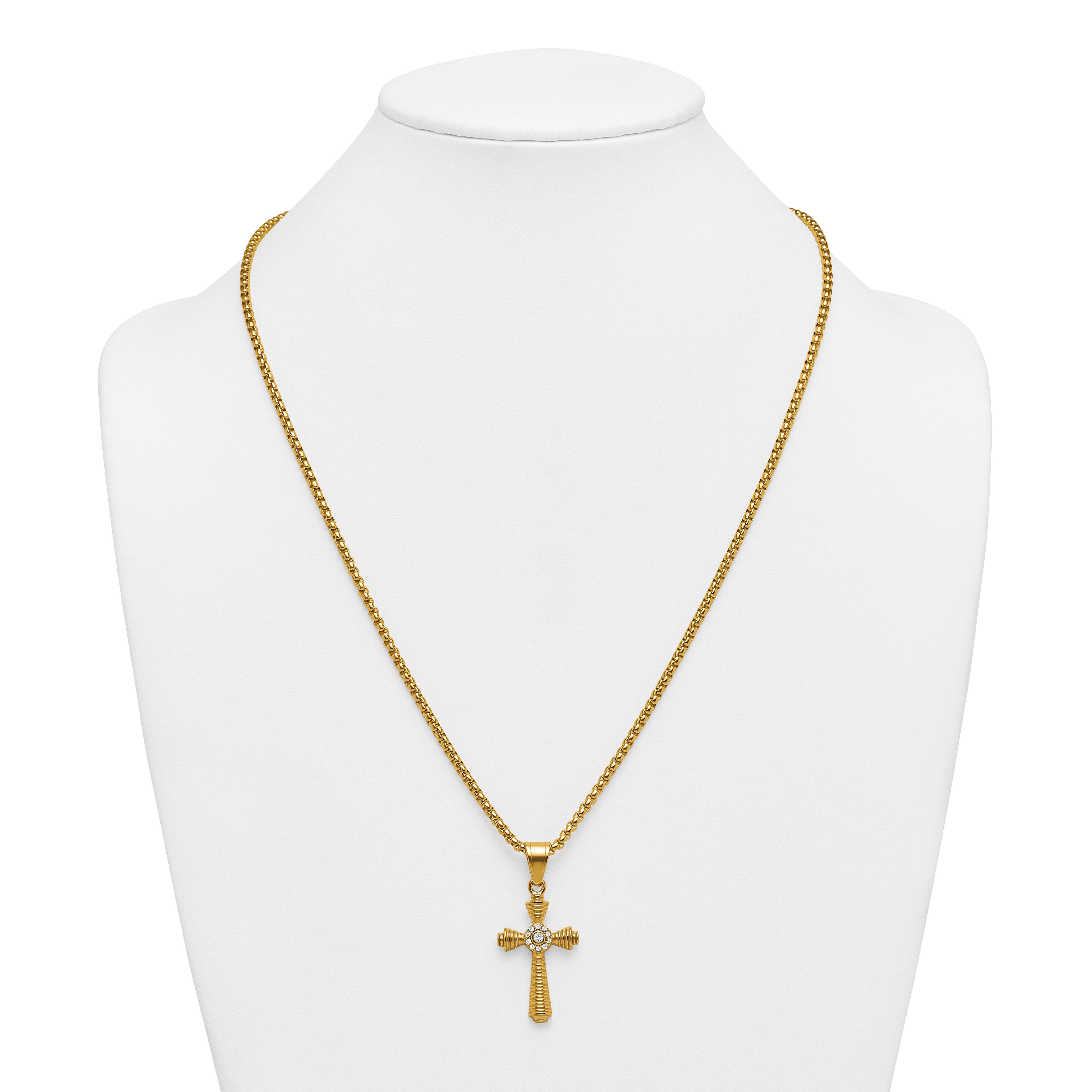 Gold-Tone Polished Crystal Cross Stainless Steel Rolo Chain Necklace