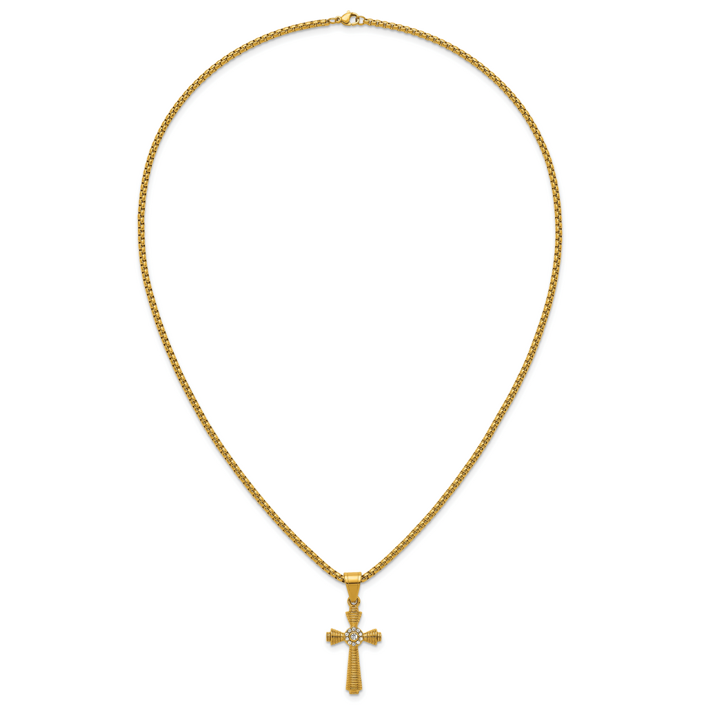 Gold-Tone Polished Crystal Cross Stainless Steel Rolo Chain Necklace