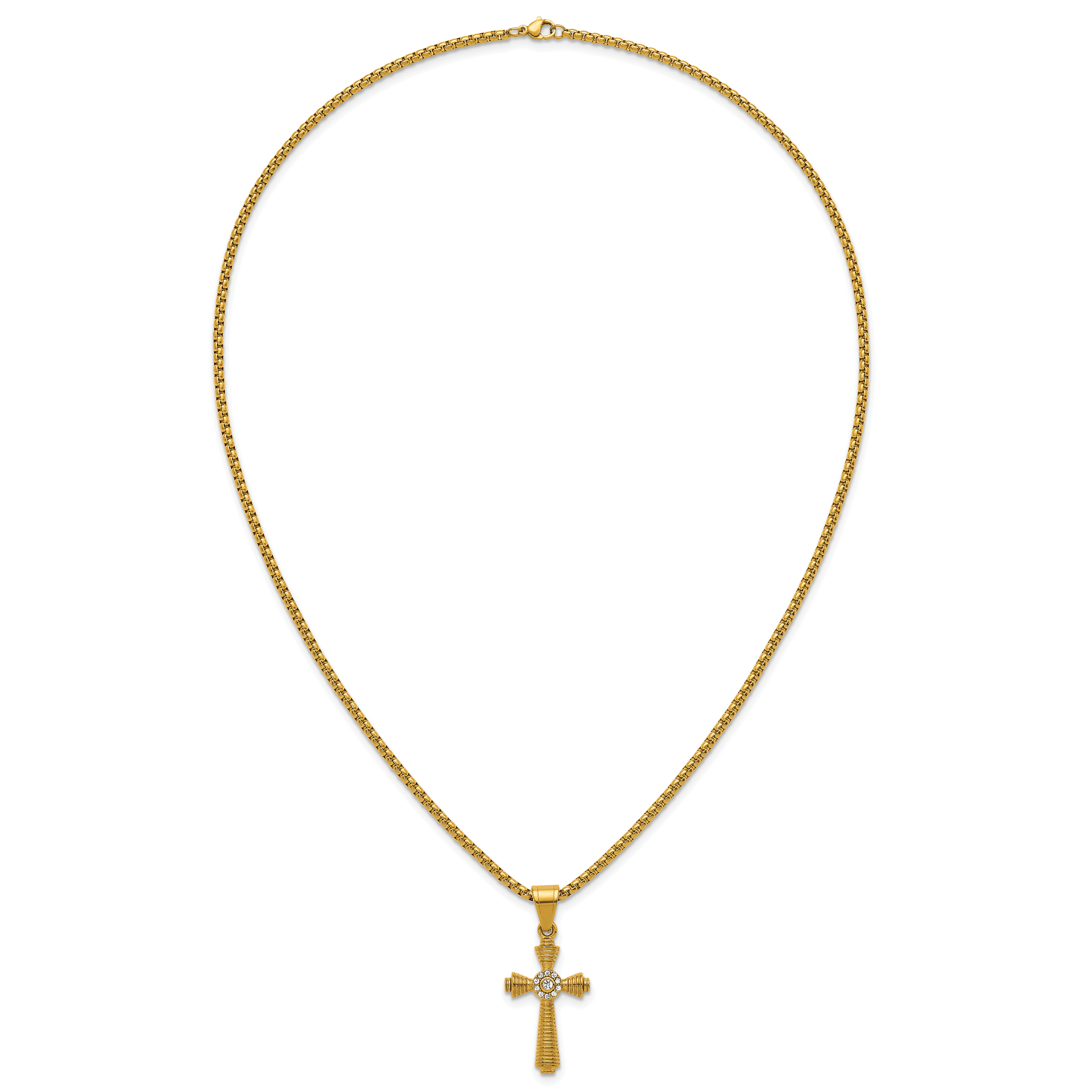 Gold-Tone Polished Crystal Cross Stainless Steel Rolo Chain Necklace