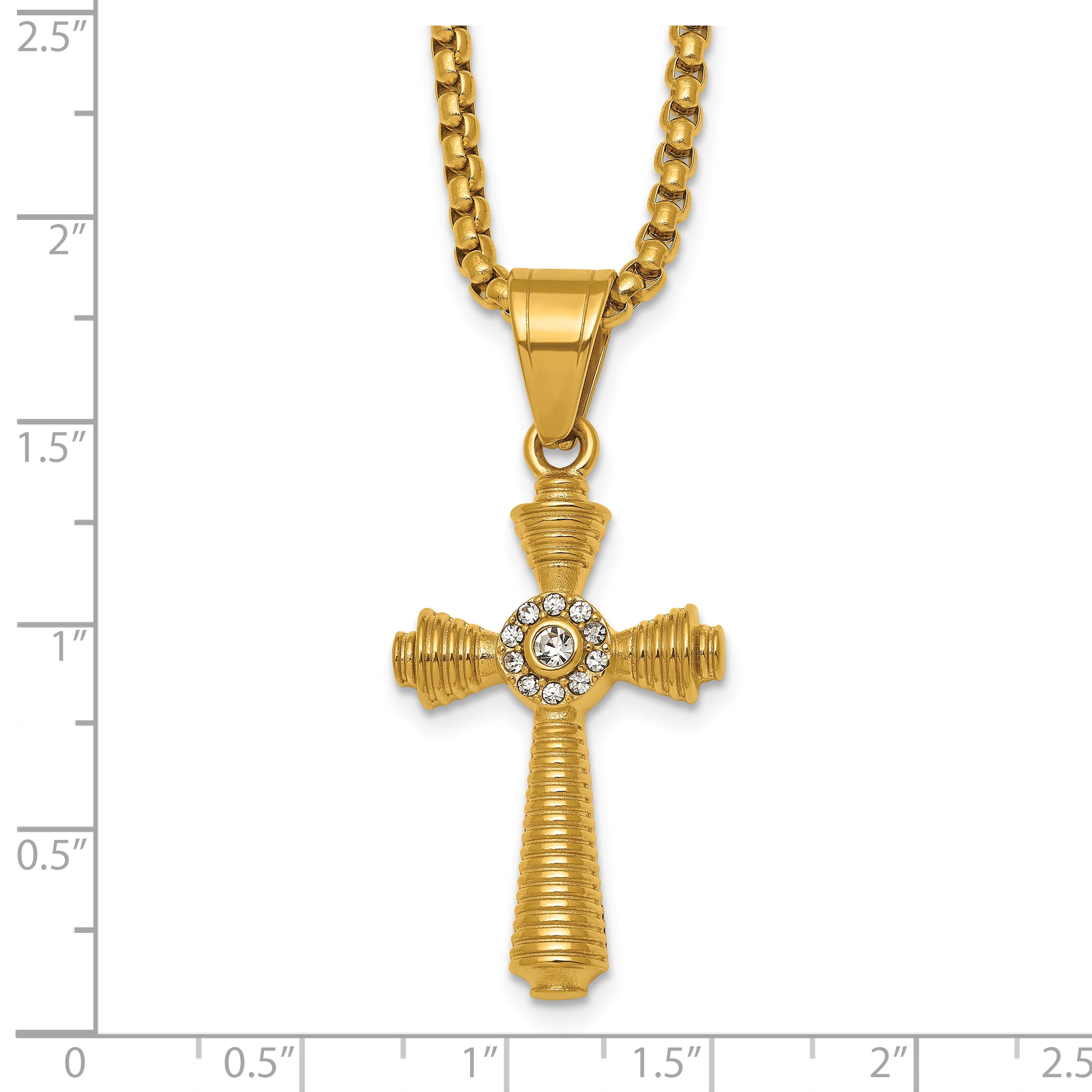 Gold-Tone Polished Crystal Cross Stainless Steel Rolo Chain Necklace