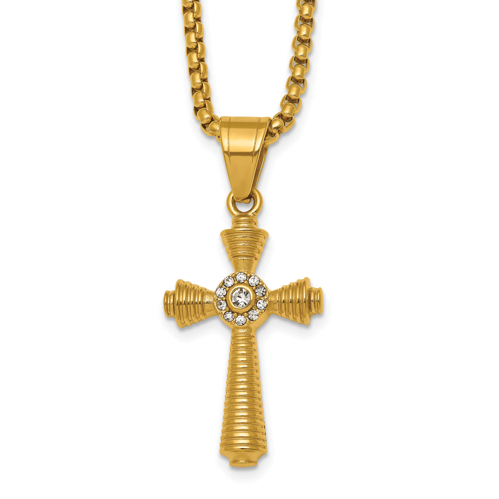 Gold-Tone Polished Crystal Cross Stainless Steel Rolo Chain Necklace