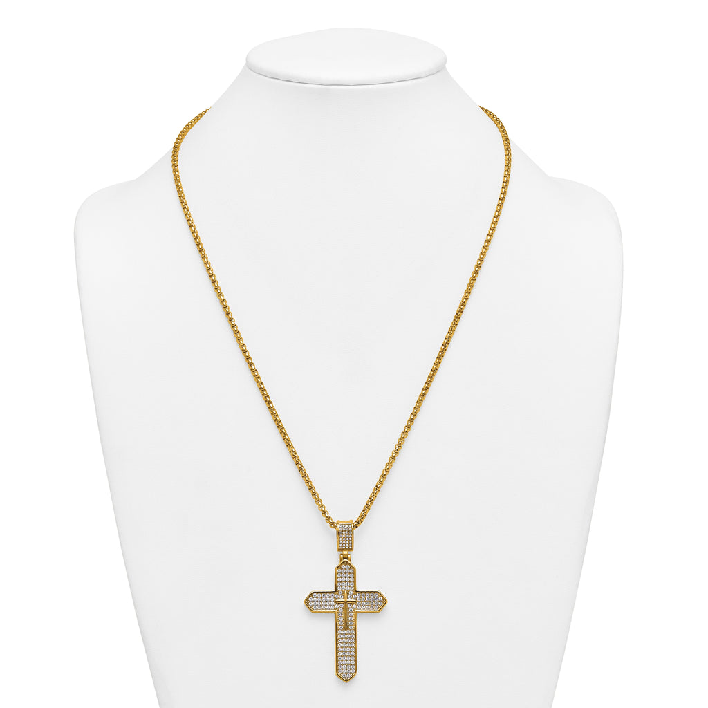 Gold-Tone Polished Crystal Passion Cross Stainless Steel Rolo Chain Necklace