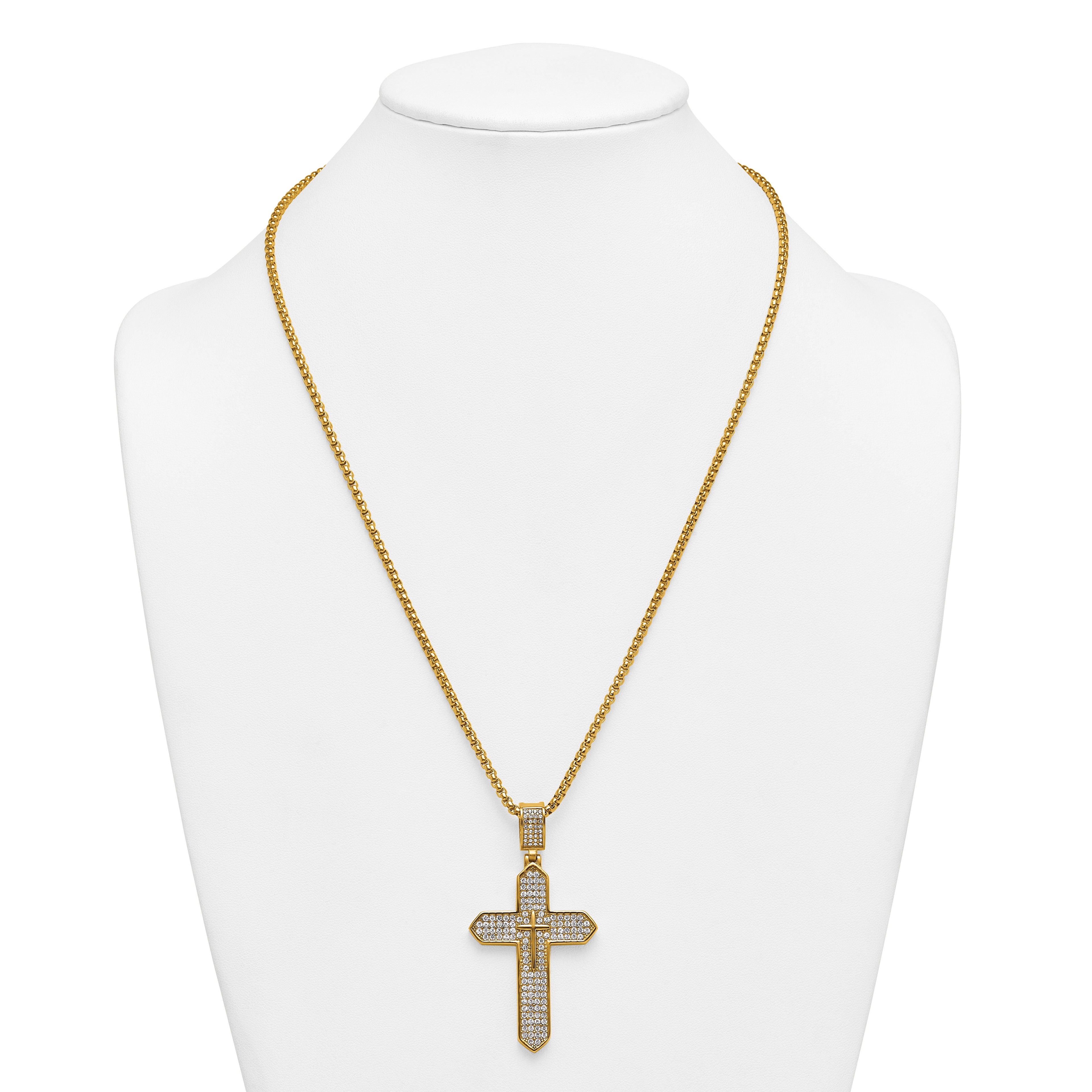 Gold-Tone Polished Crystal Passion Cross Stainless Steel Rolo Chain Necklace