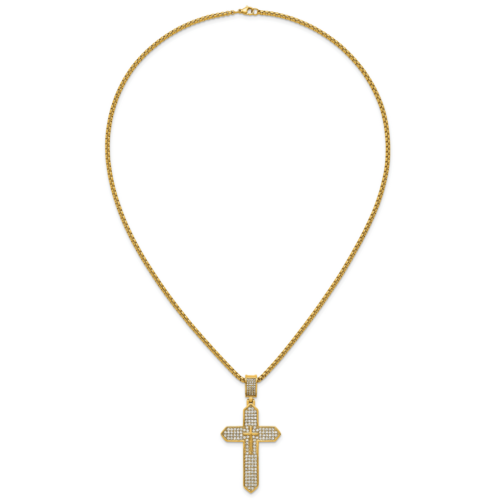 Gold-Tone Polished Crystal Passion Cross Stainless Steel Rolo Chain Necklace