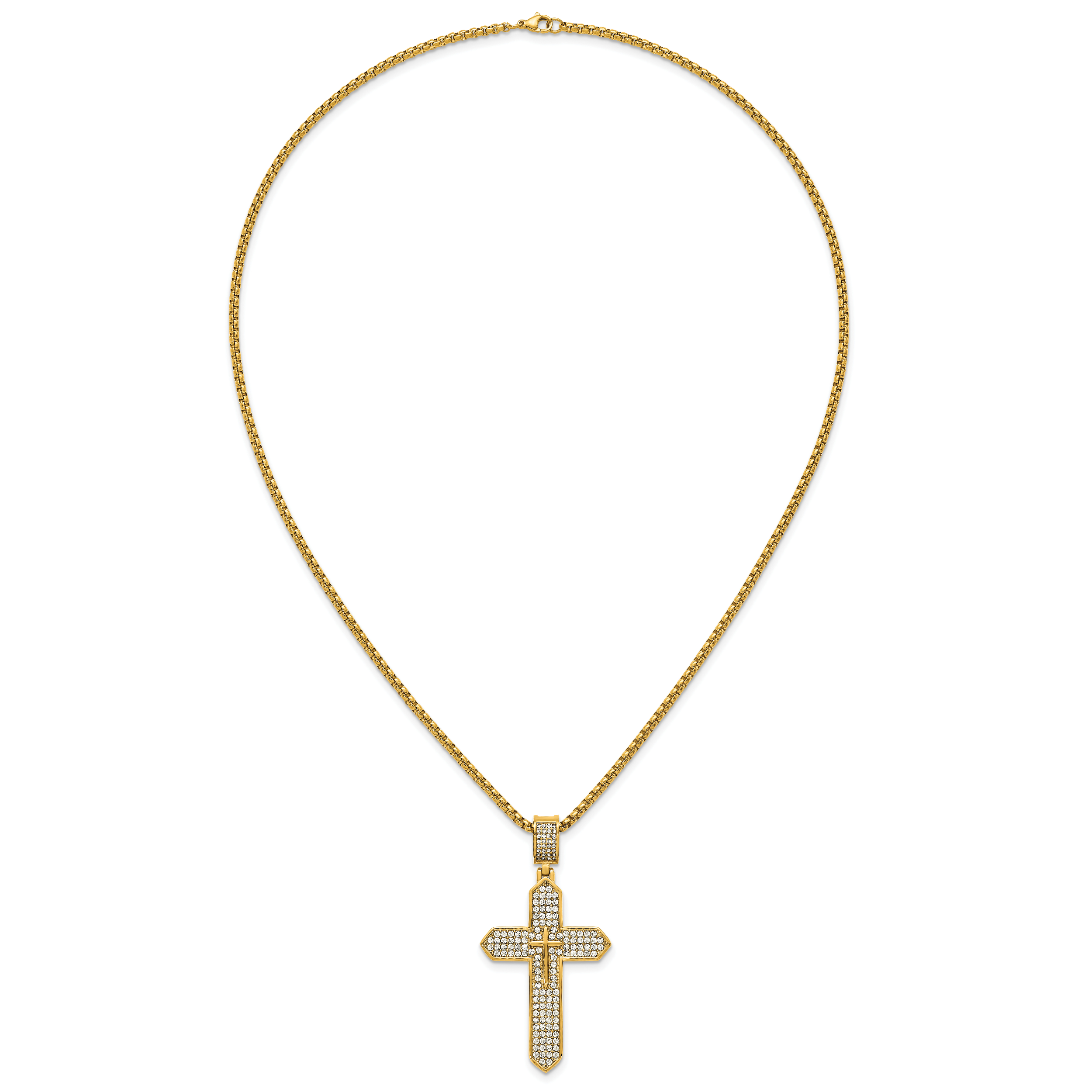 Gold-Tone Polished Crystal Passion Cross Stainless Steel Rolo Chain Necklace
