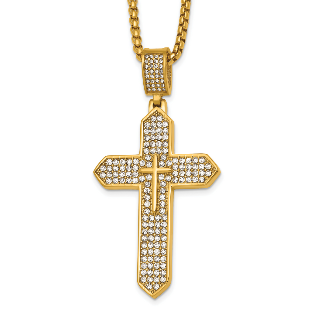 Gold-Tone Polished Crystal Passion Cross Stainless Steel Rolo Chain Necklace