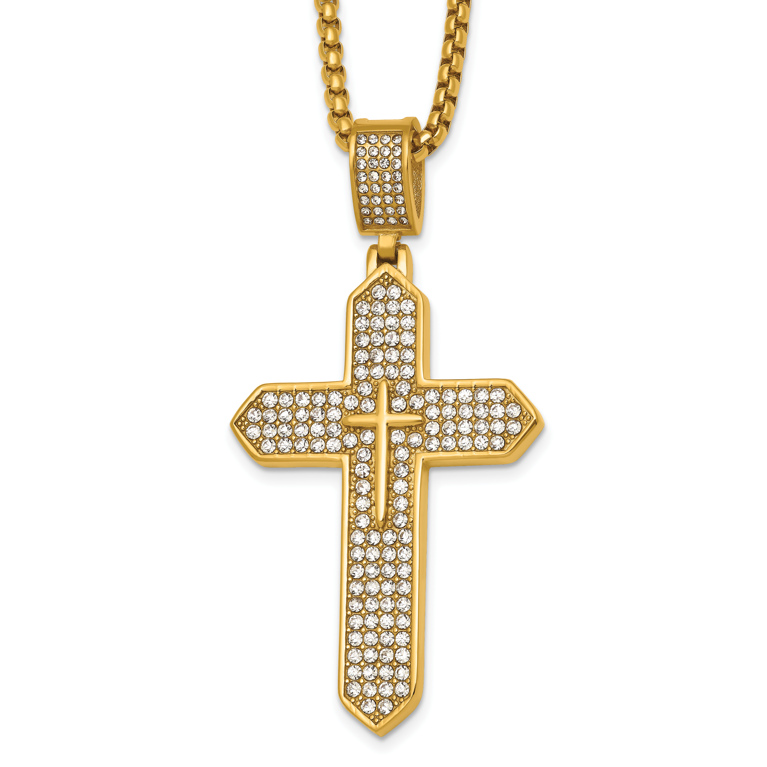 Gold-Tone Polished Crystal Passion Cross Stainless Steel Rolo Chain Necklace
