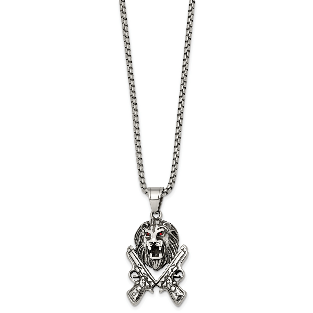 Antiqued Red Crystal Lion Stainless Steel Rolo Chain Necklace