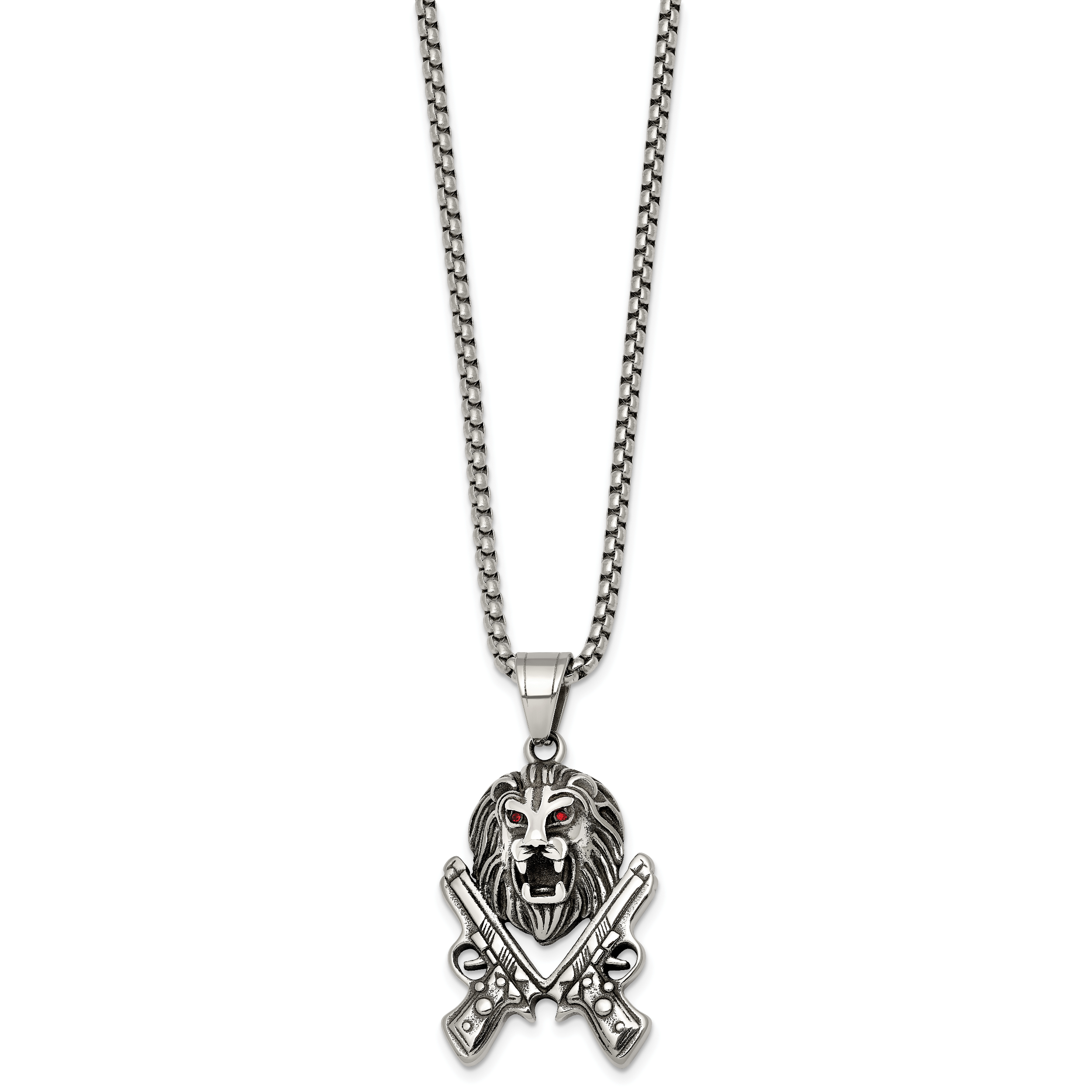 Antiqued Red Crystal Lion Stainless Steel Rolo Chain Necklace