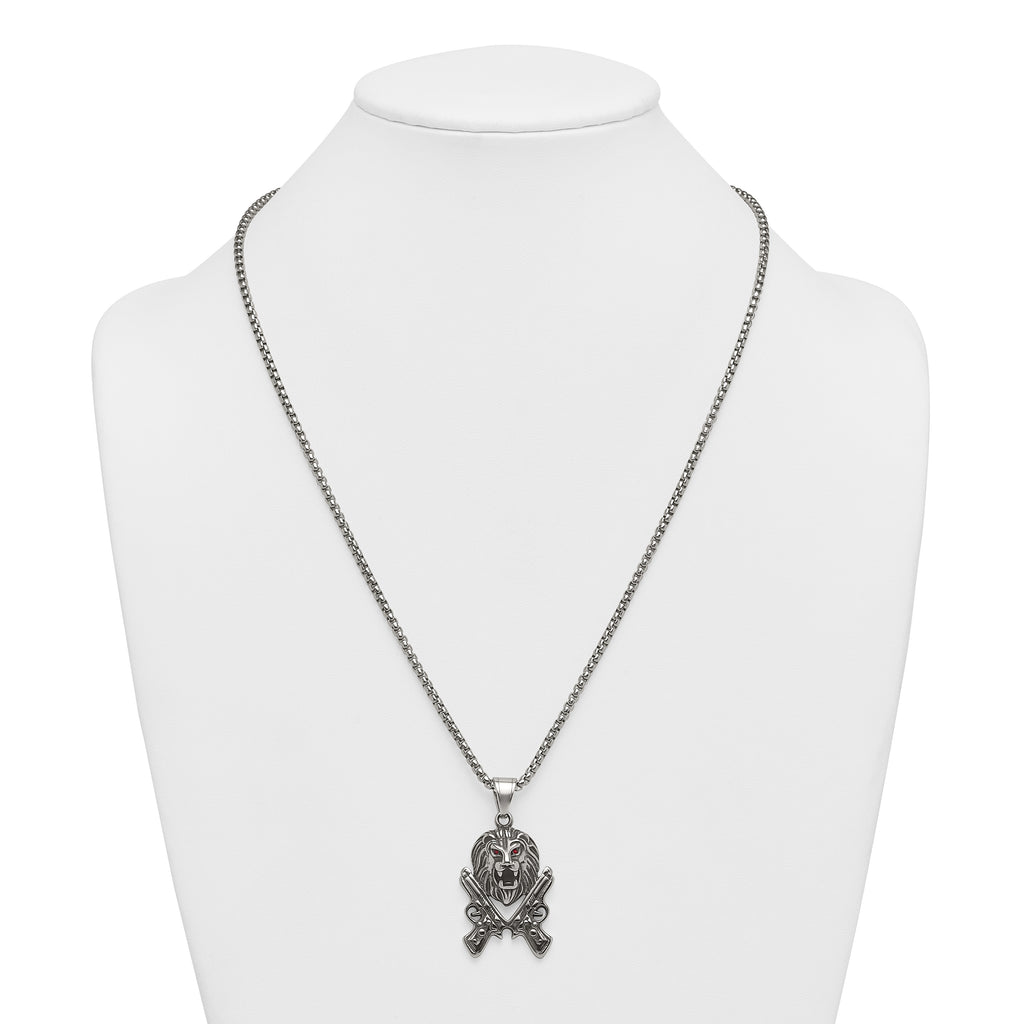 Antiqued Red Crystal Lion Stainless Steel Rolo Chain Necklace