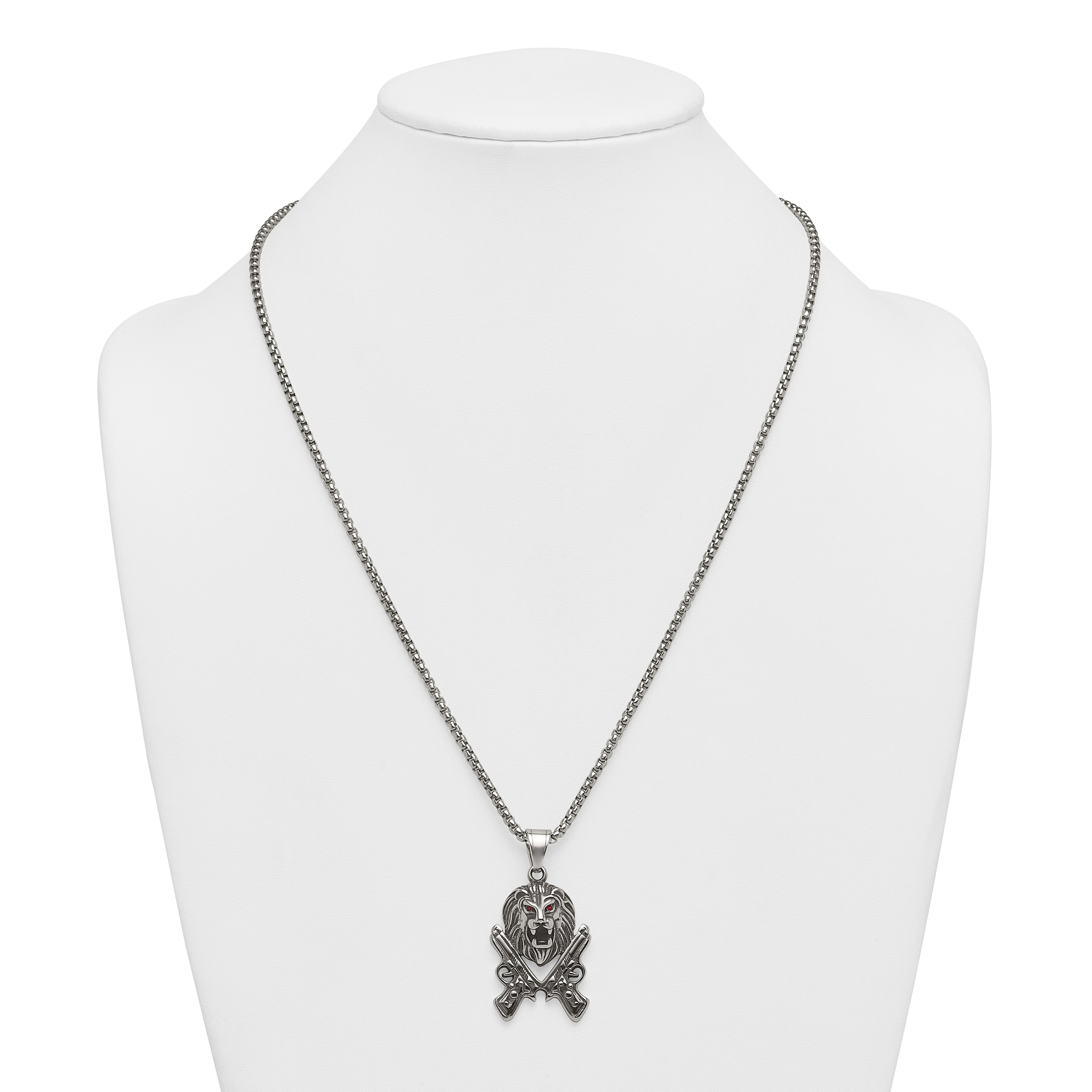 Antiqued Red Crystal Lion Stainless Steel Rolo Chain Necklace