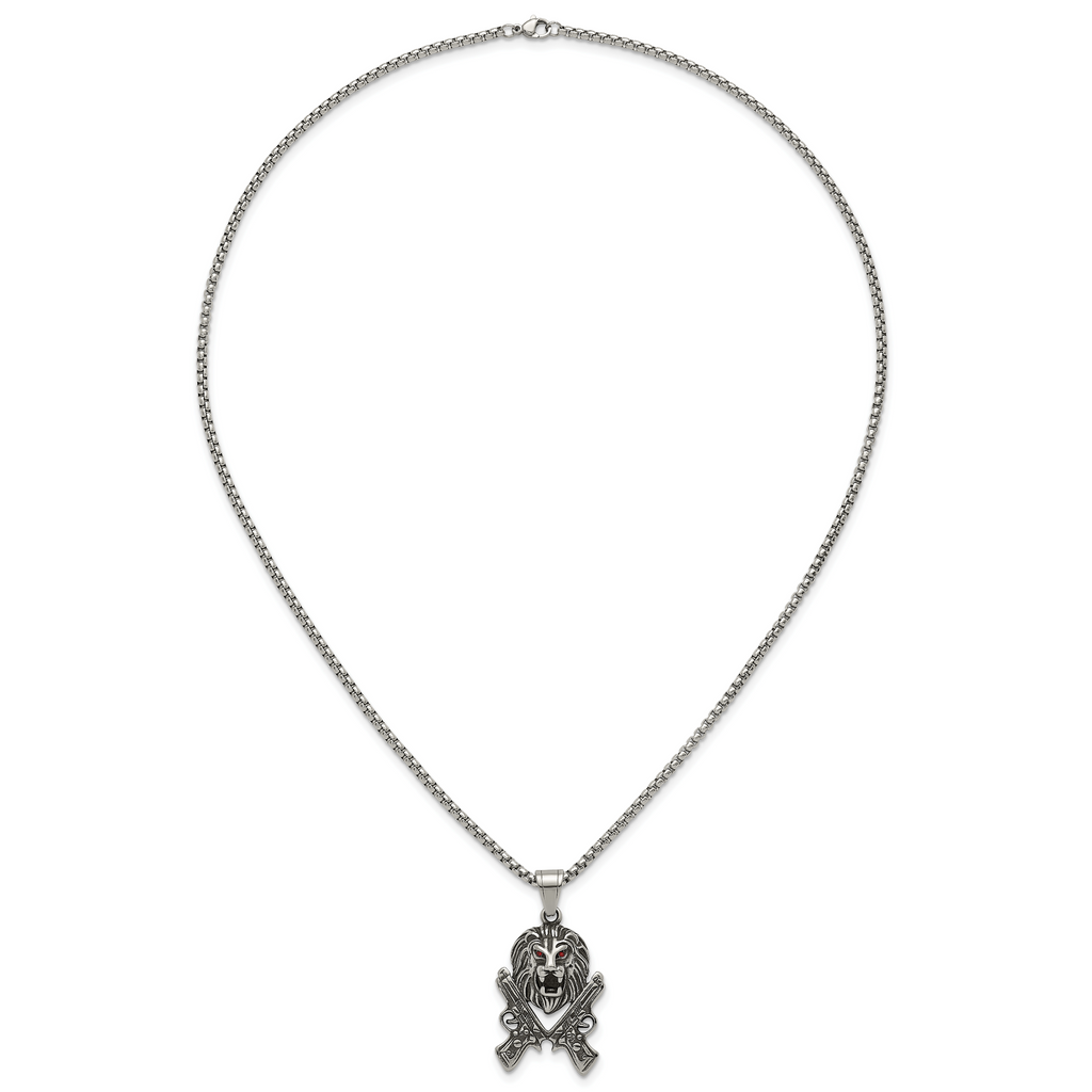 Antiqued Red Crystal Lion Stainless Steel Rolo Chain Necklace
