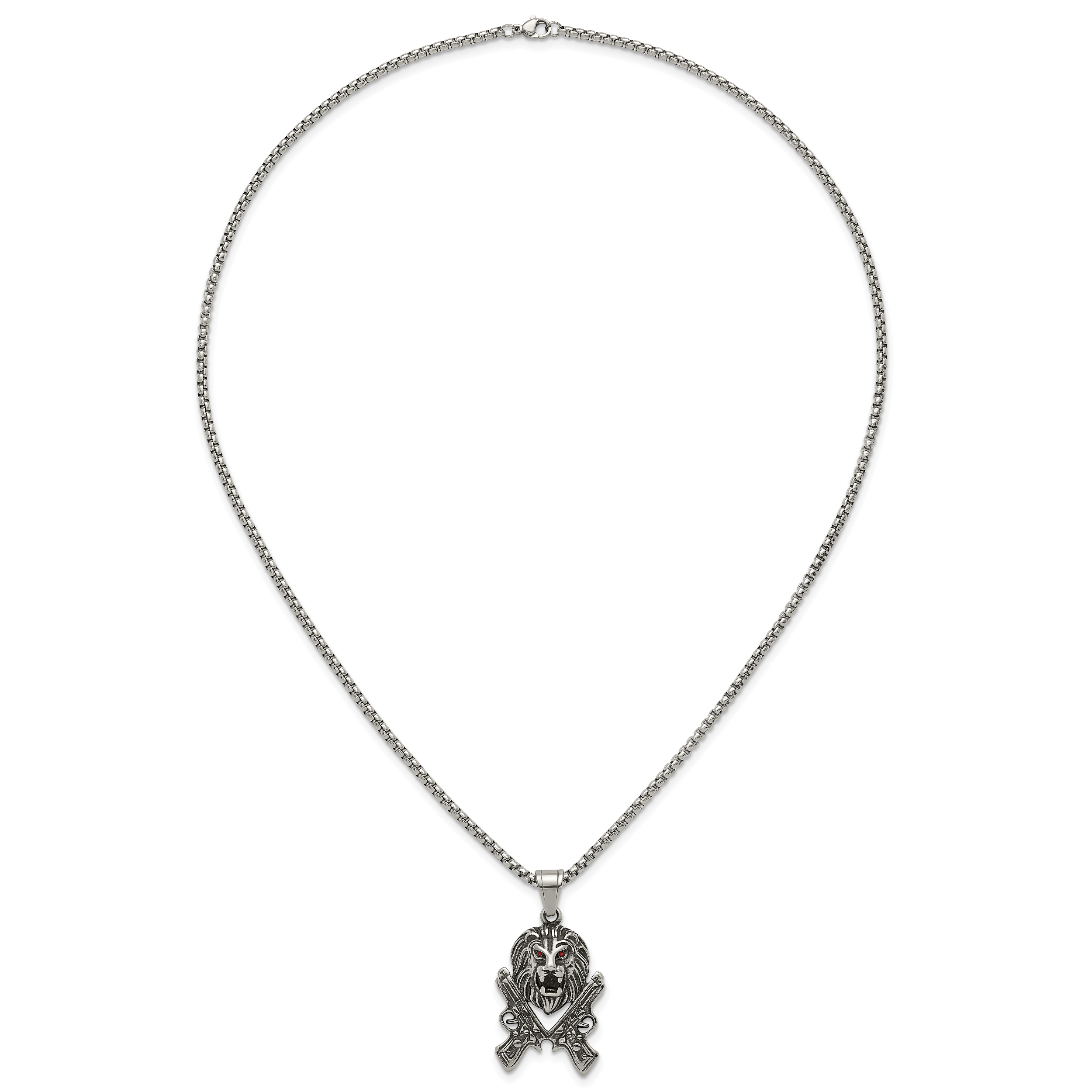 Antiqued Red Crystal Lion Stainless Steel Rolo Chain Necklace