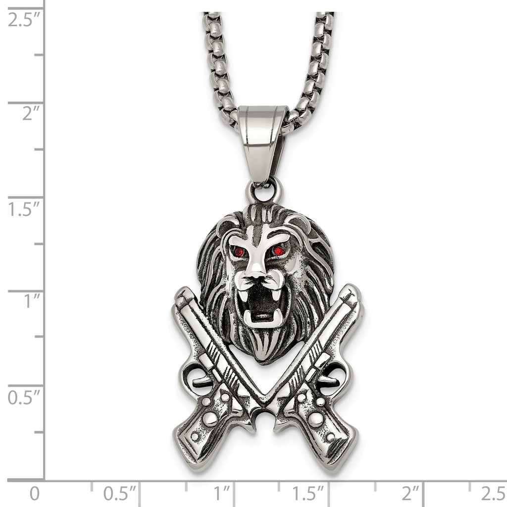 Antiqued Red Crystal Lion Stainless Steel Rolo Chain Necklace