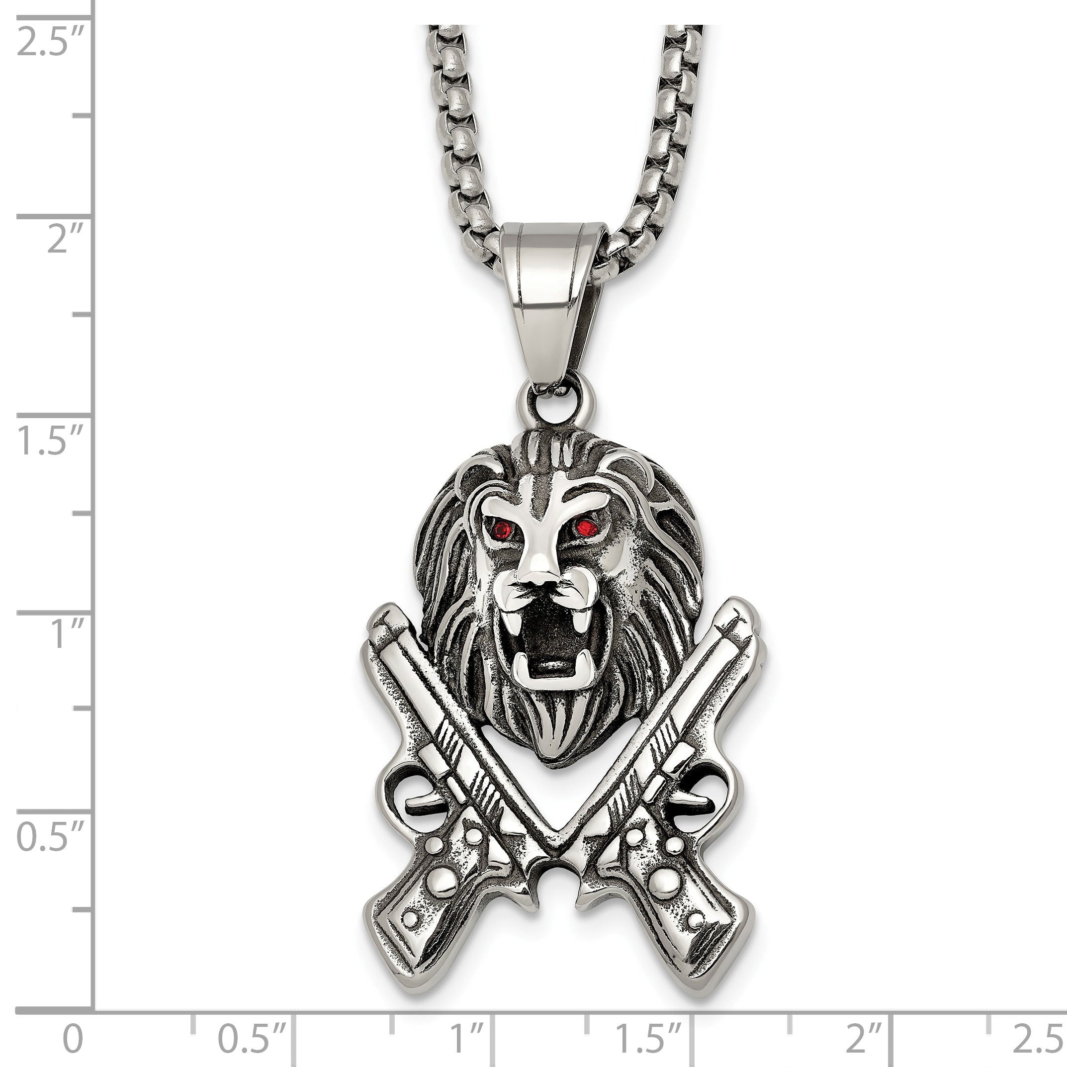 Antiqued Red Crystal Lion Stainless Steel Rolo Chain Necklace