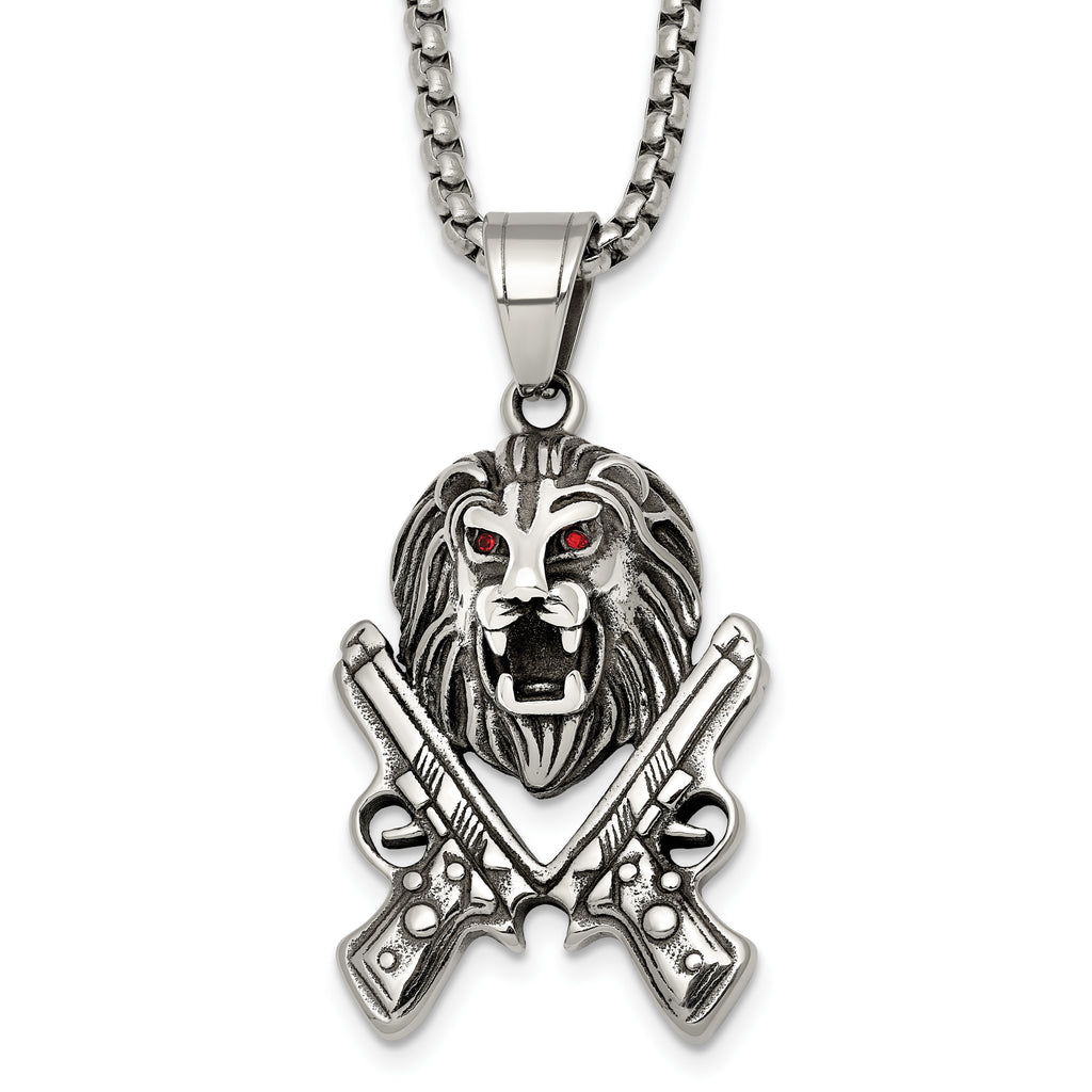 Antiqued Red Crystal Lion Stainless Steel Rolo Chain Necklace