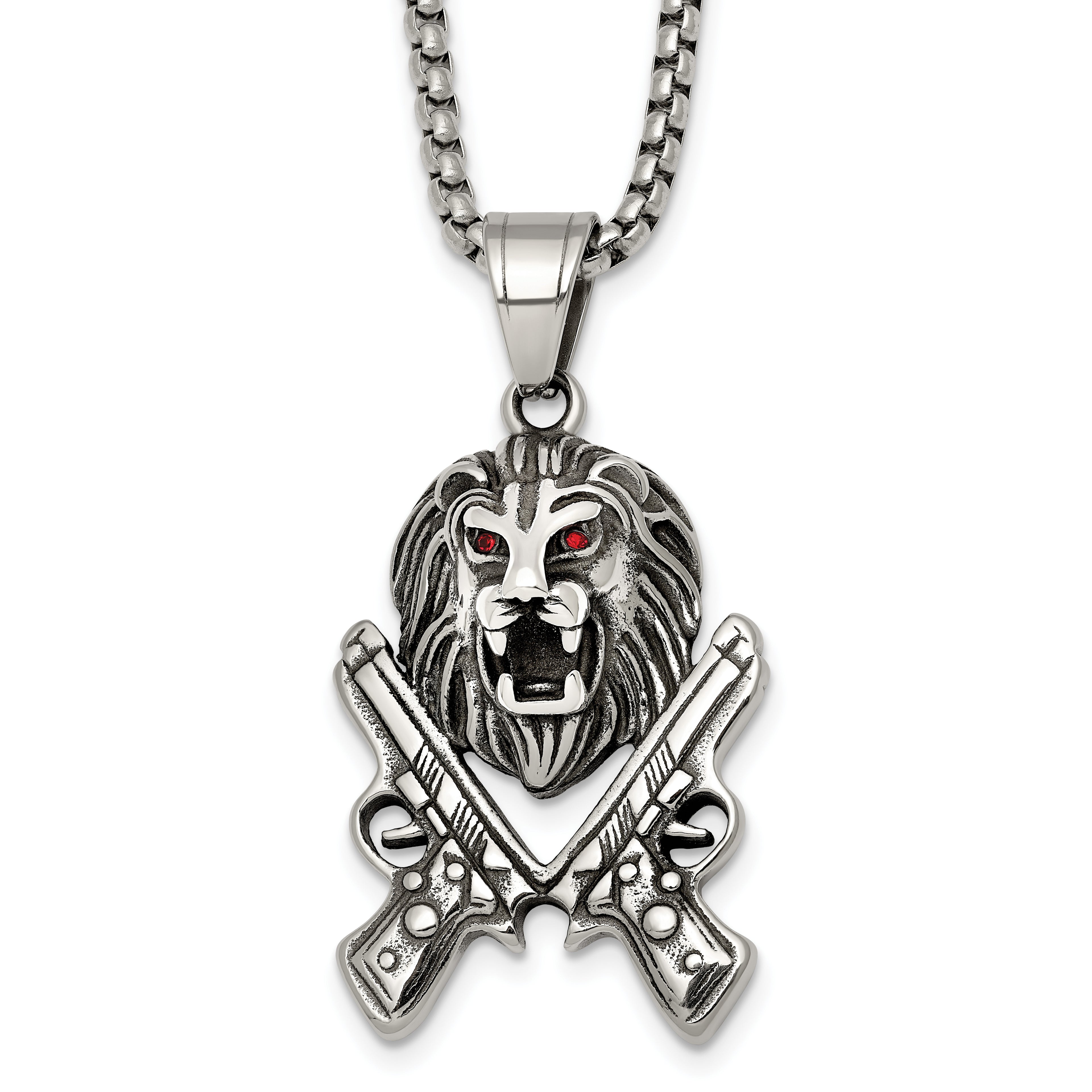 Antiqued Red Crystal Lion Stainless Steel Rolo Chain Necklace