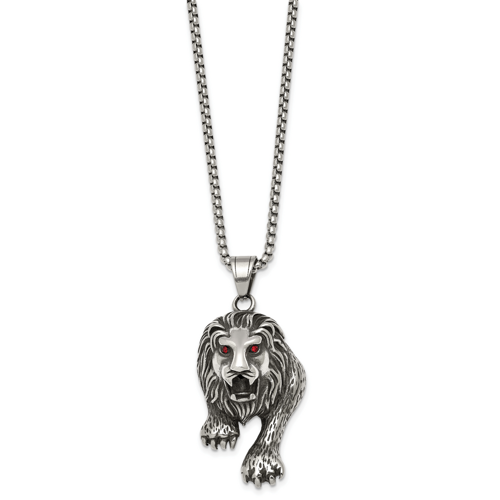 Antiqued Red Crystal Lion Stainless Steel Rolo Chain Necklace 24in