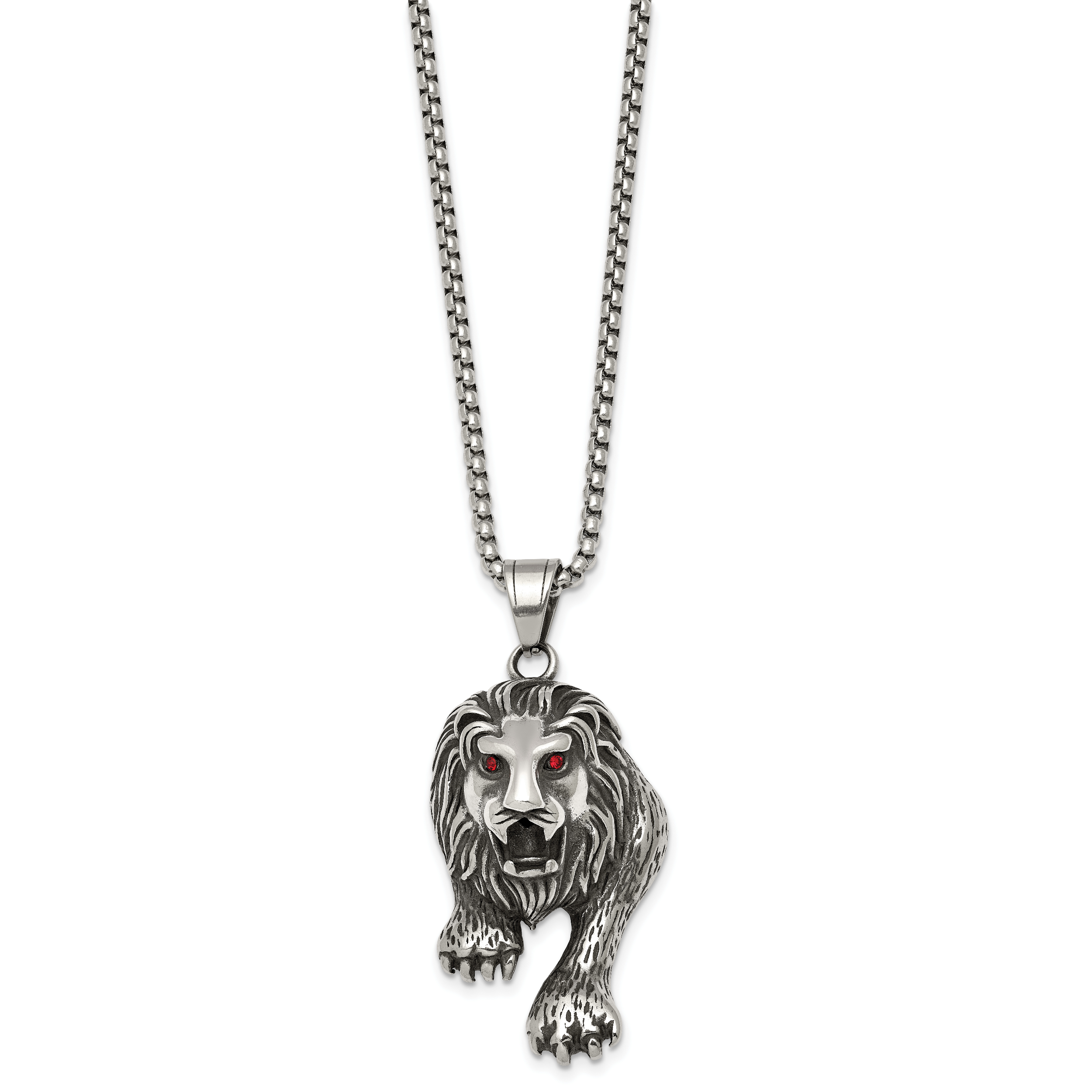 Antiqued Red Crystal Lion Stainless Steel Rolo Chain Necklace 24in