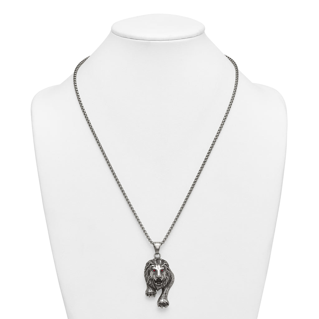 Antiqued Red Crystal Lion Stainless Steel Rolo Chain Necklace 24in