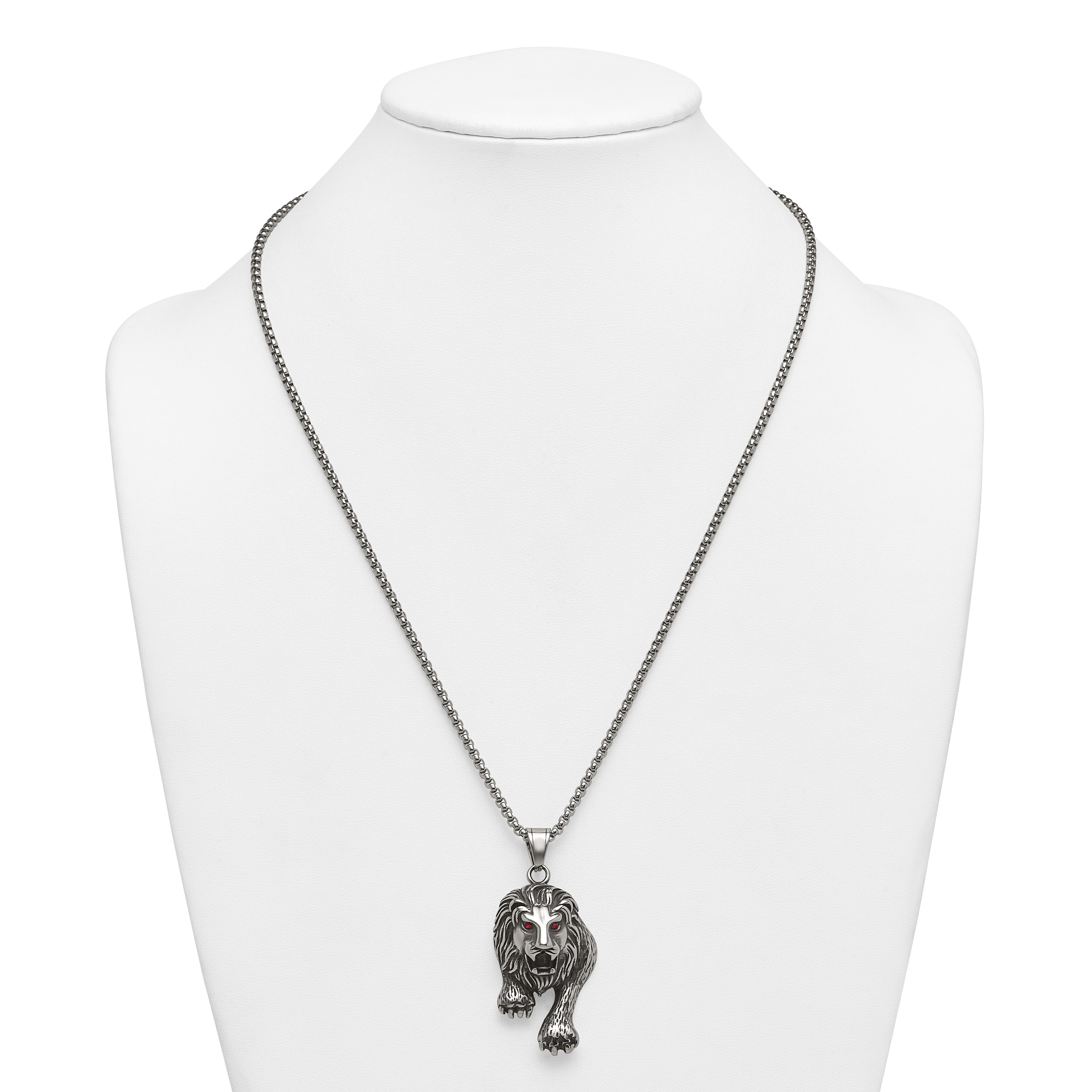 Antiqued Red Crystal Lion Stainless Steel Rolo Chain Necklace 24in