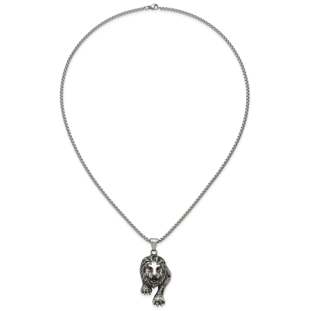 Antiqued Red Crystal Lion Stainless Steel Rolo Chain Necklace 24in