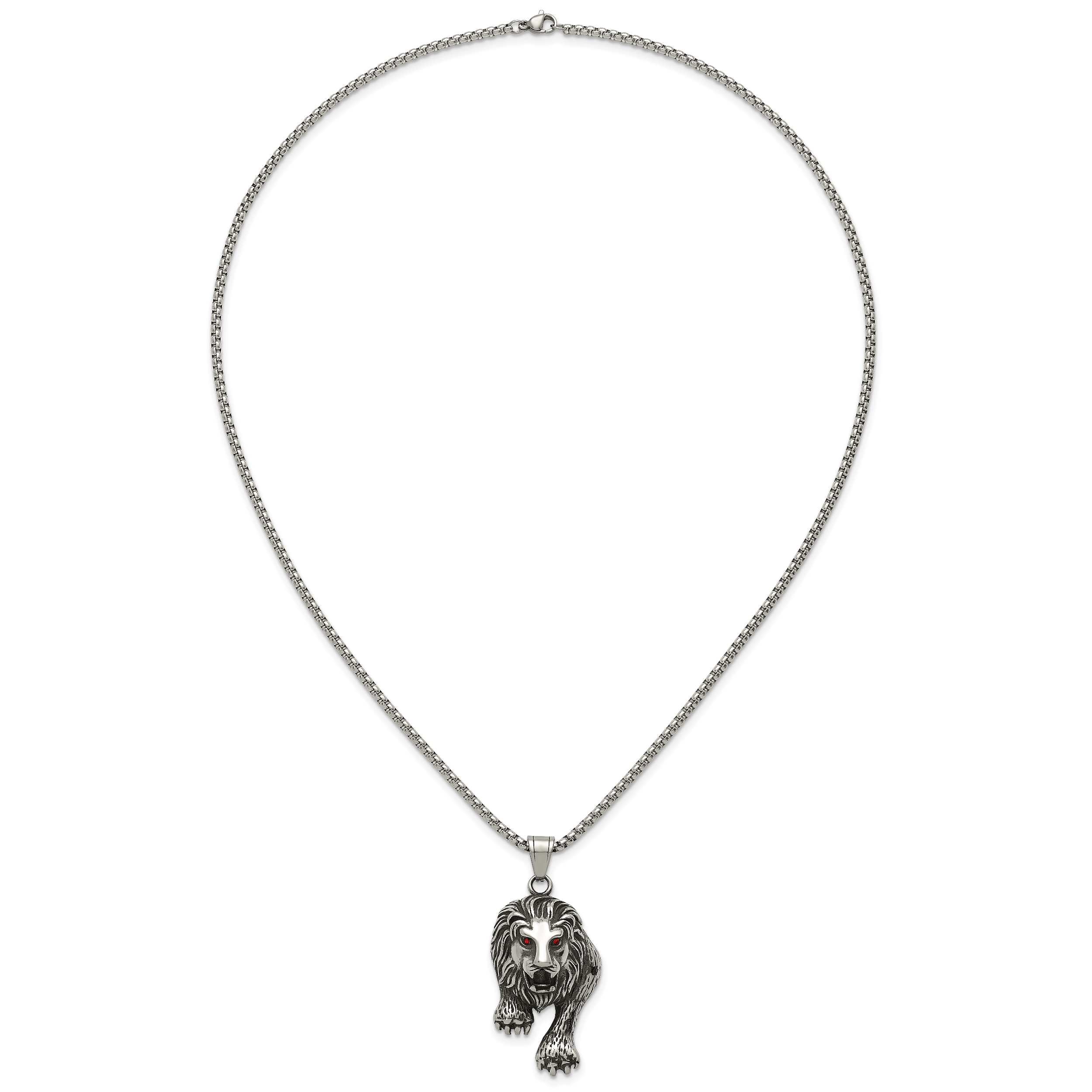 Antiqued Red Crystal Lion Stainless Steel Rolo Chain Necklace 24in