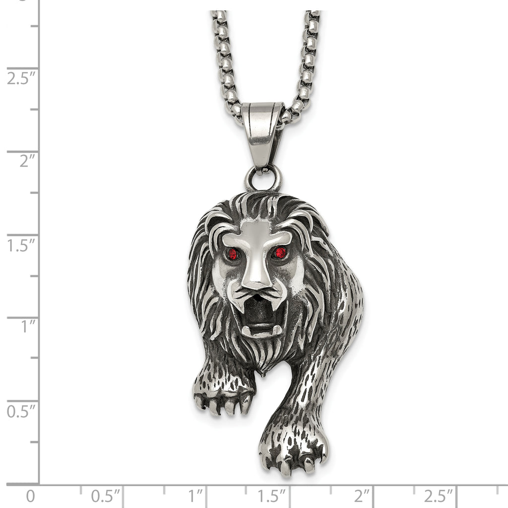 Antiqued Red Crystal Lion Stainless Steel Rolo Chain Necklace 24in