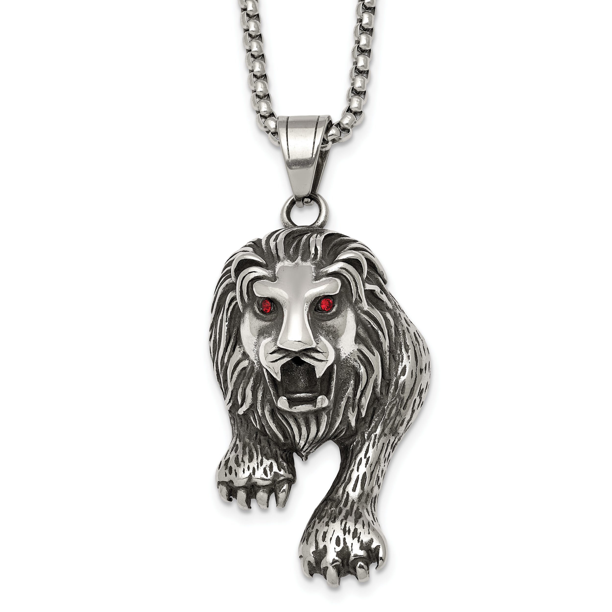 Antiqued Red Crystal Lion Stainless Steel Rolo Chain Necklace 24in
