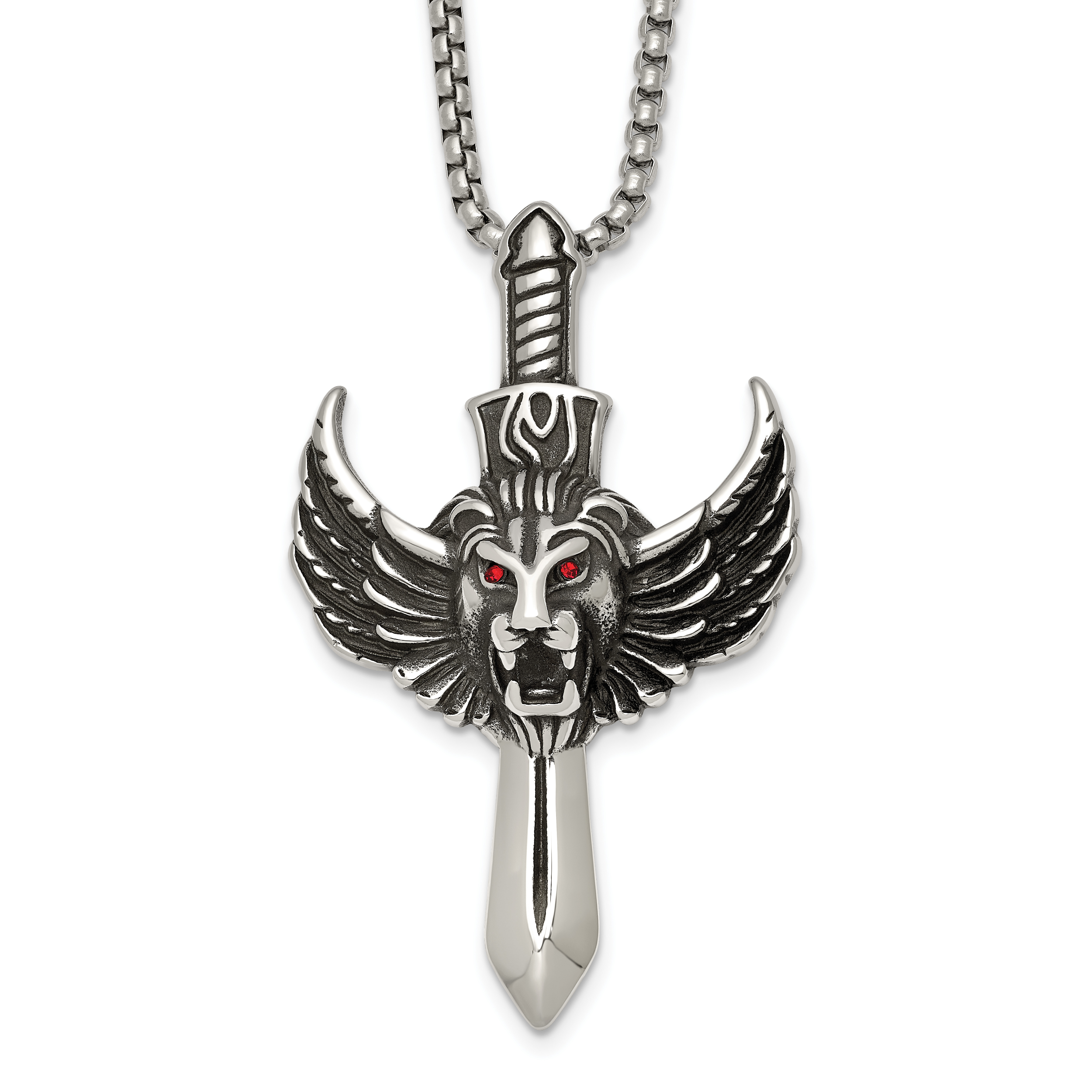 Antiqued Red Crystal Lion Stainless Steel Rolo Chain Necklace 24in Main image