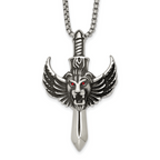 Antiqued Red Crystal Lion Stainless Steel Rolo Chain Necklace 24in