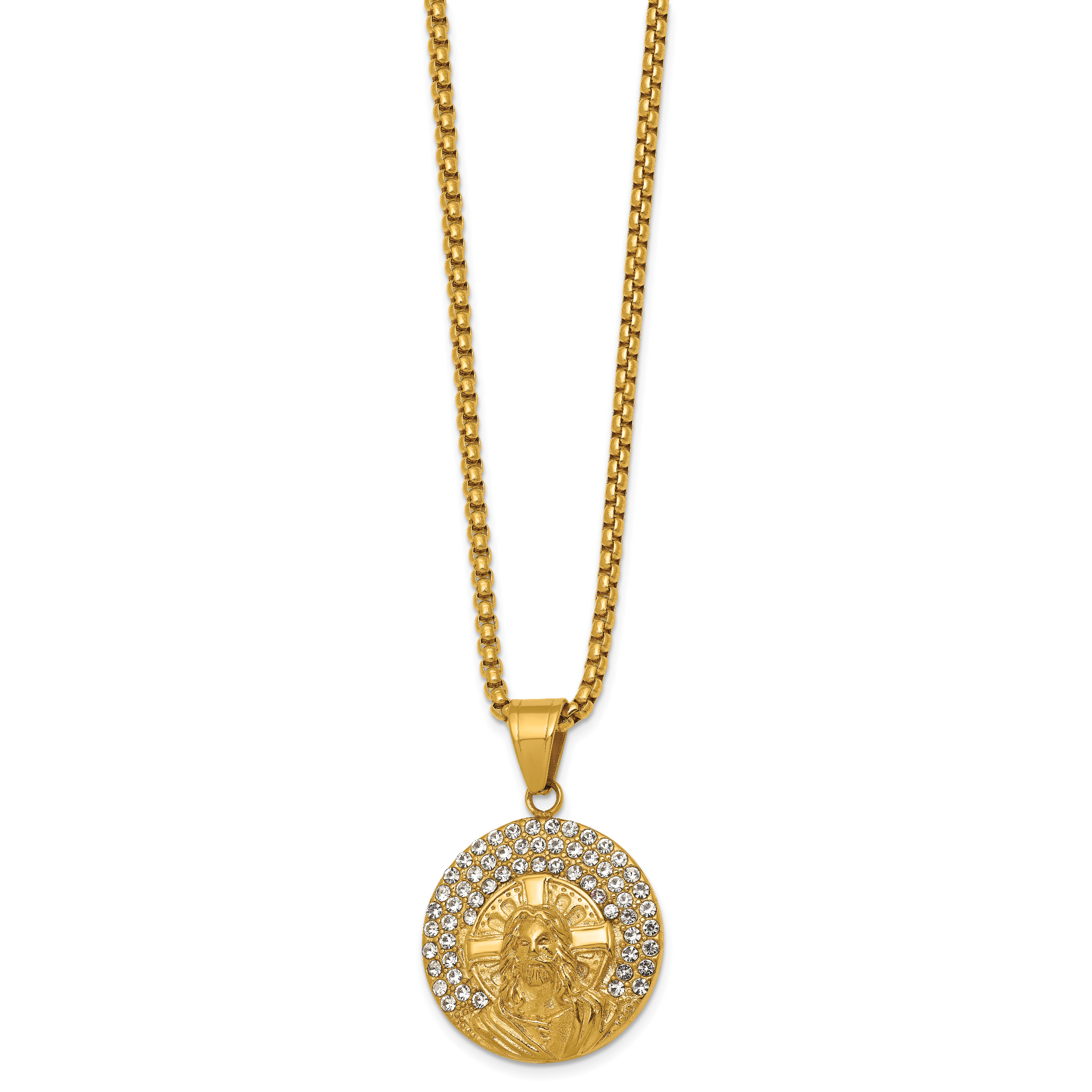 Gold-Tone Polished Crystal Dog Tag Stainless Steel Rolo Chain Necklace Secondary image