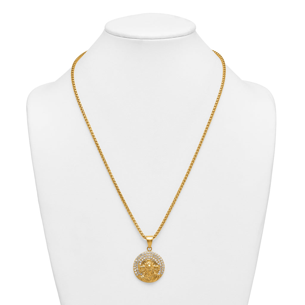 Gold-Tone Polished Crystal Dog Tag Stainless Steel Rolo Chain Necklace