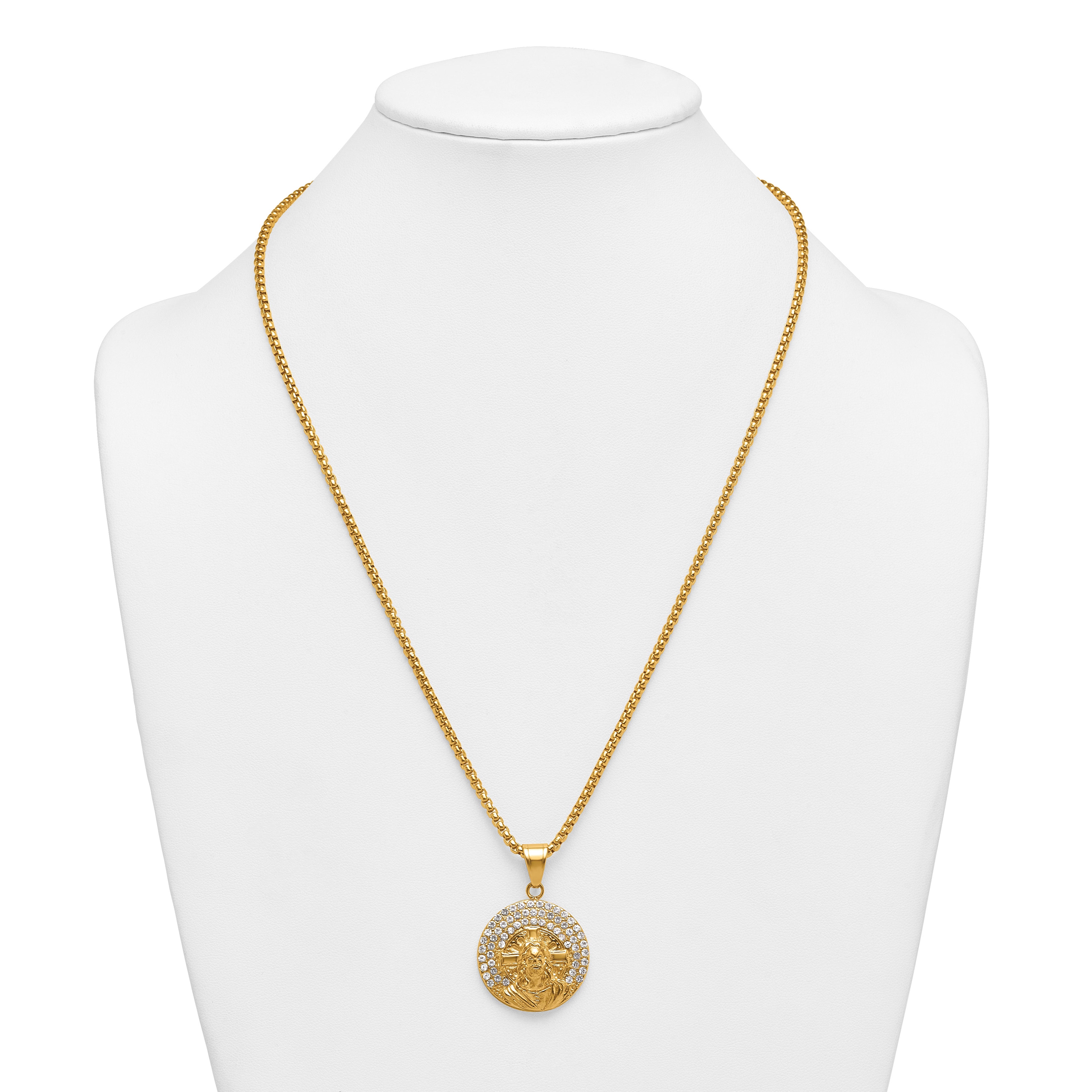 Gold-Tone Polished Crystal Dog Tag Stainless Steel Rolo Chain Necklace