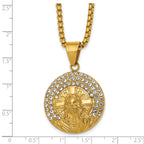 Gold-Tone Polished Crystal Dog Tag Stainless Steel Rolo Chain Necklace