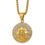 Gold-Tone Polished Crystal Dog Tag Stainless Steel Rolo Chain Necklace