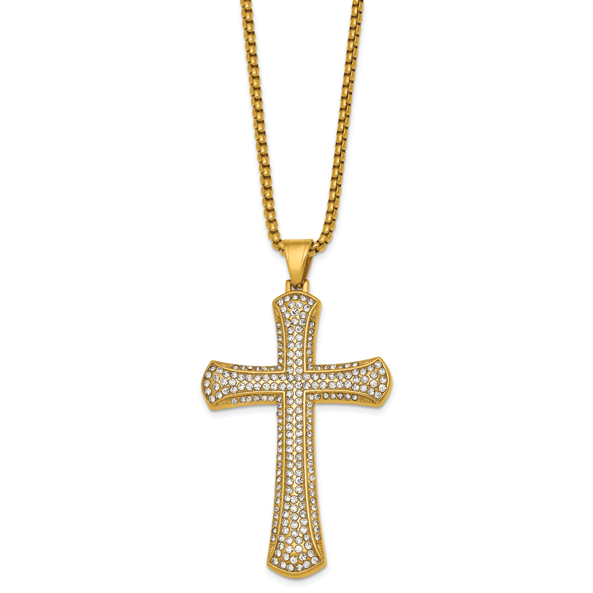 Gold-Tone Polished Crystal Cross Stainless Steel Rolo Chain Necklace 24in Secondary image