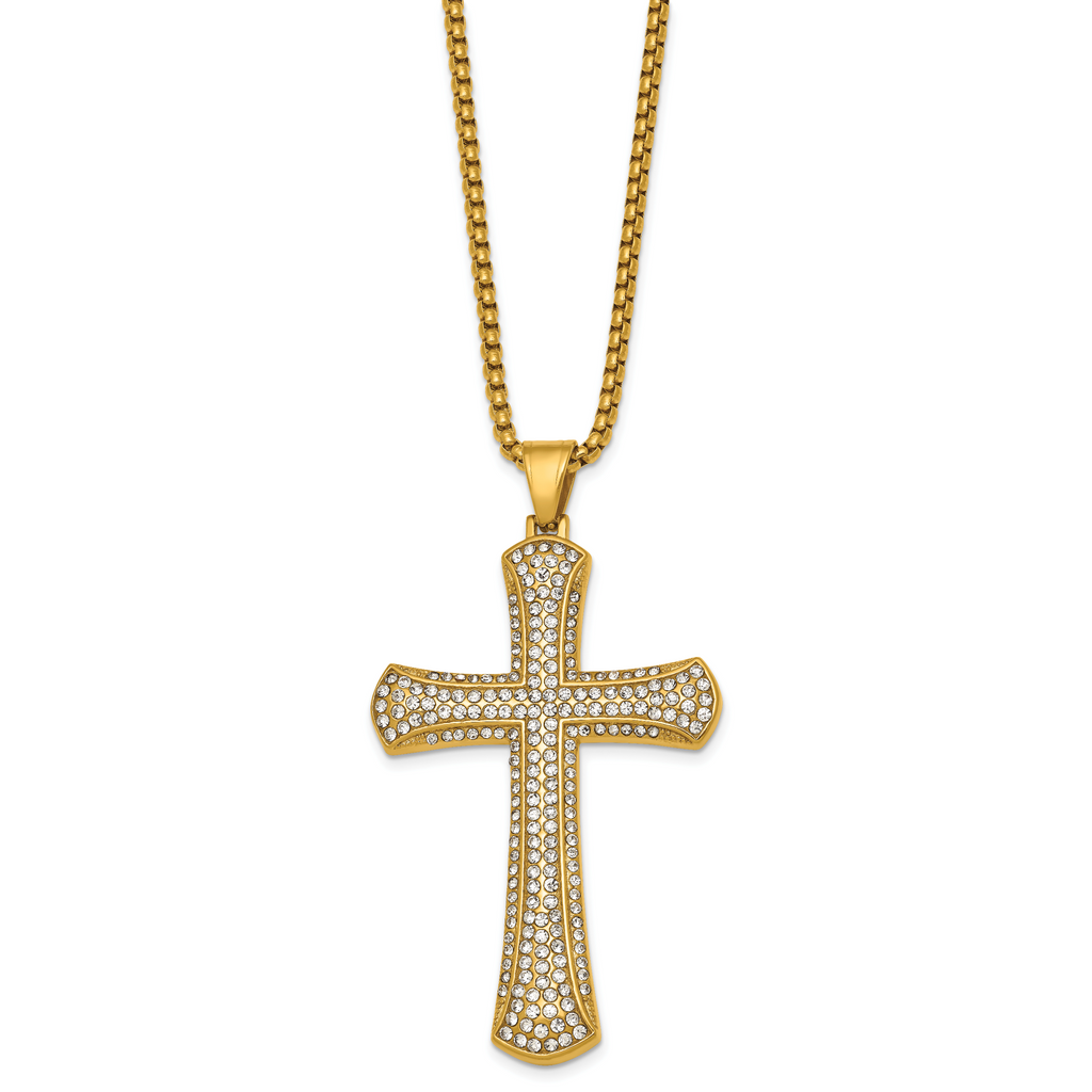 Gold-Tone Polished Crystal Cross Stainless Steel Rolo Chain Necklace 24in