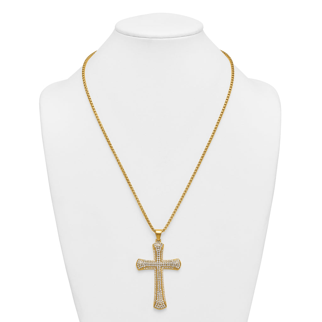 Gold-Tone Polished Crystal Cross Stainless Steel Rolo Chain Necklace 24in