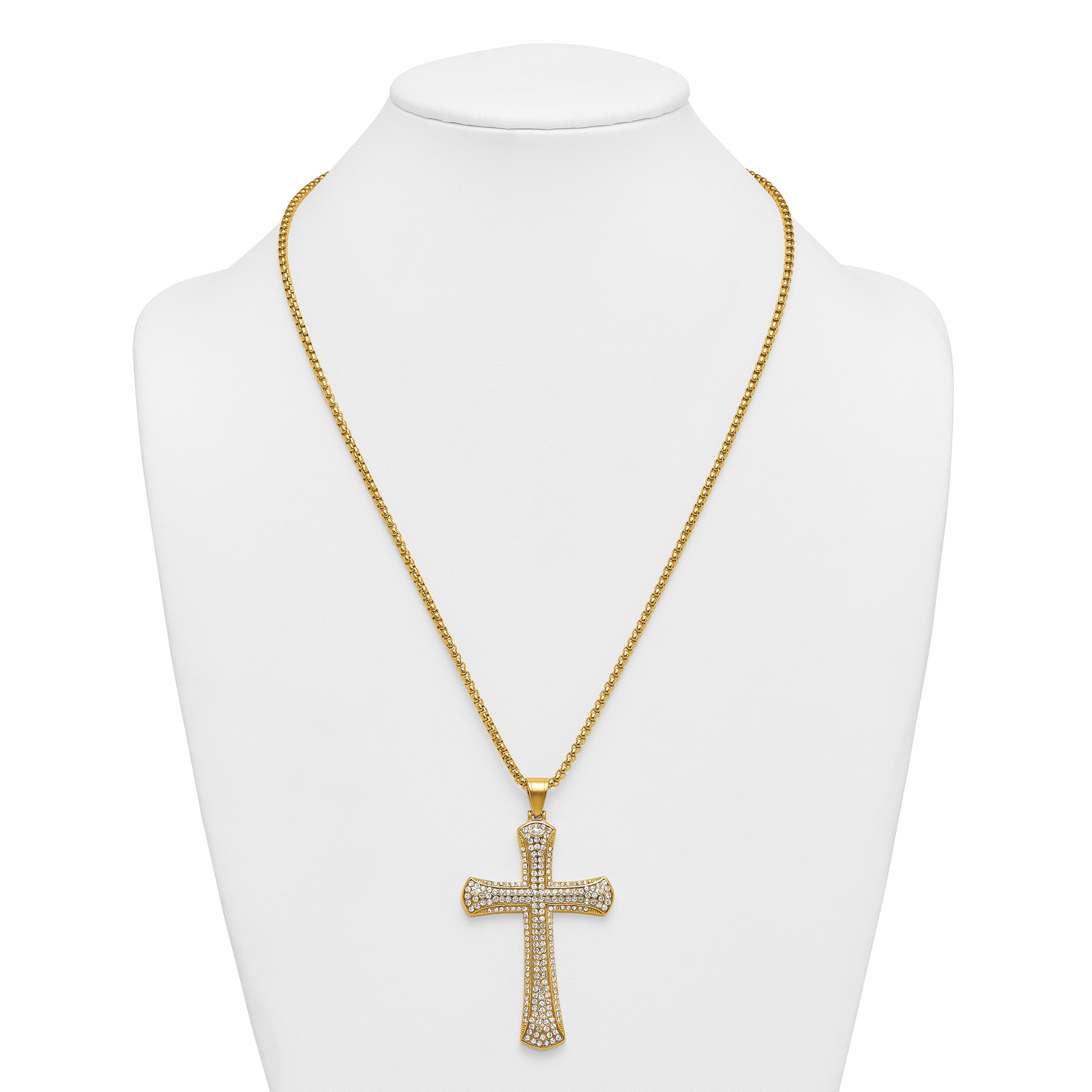 Gold-Tone Polished Crystal Cross Stainless Steel Rolo Chain Necklace 24in