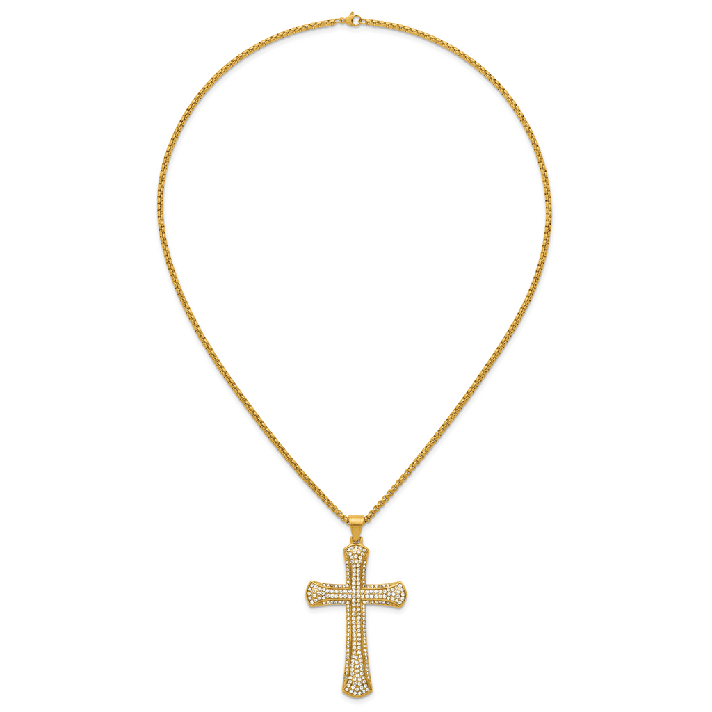 Gold-Tone Polished Crystal Cross Stainless Steel Rolo Chain Necklace 24in