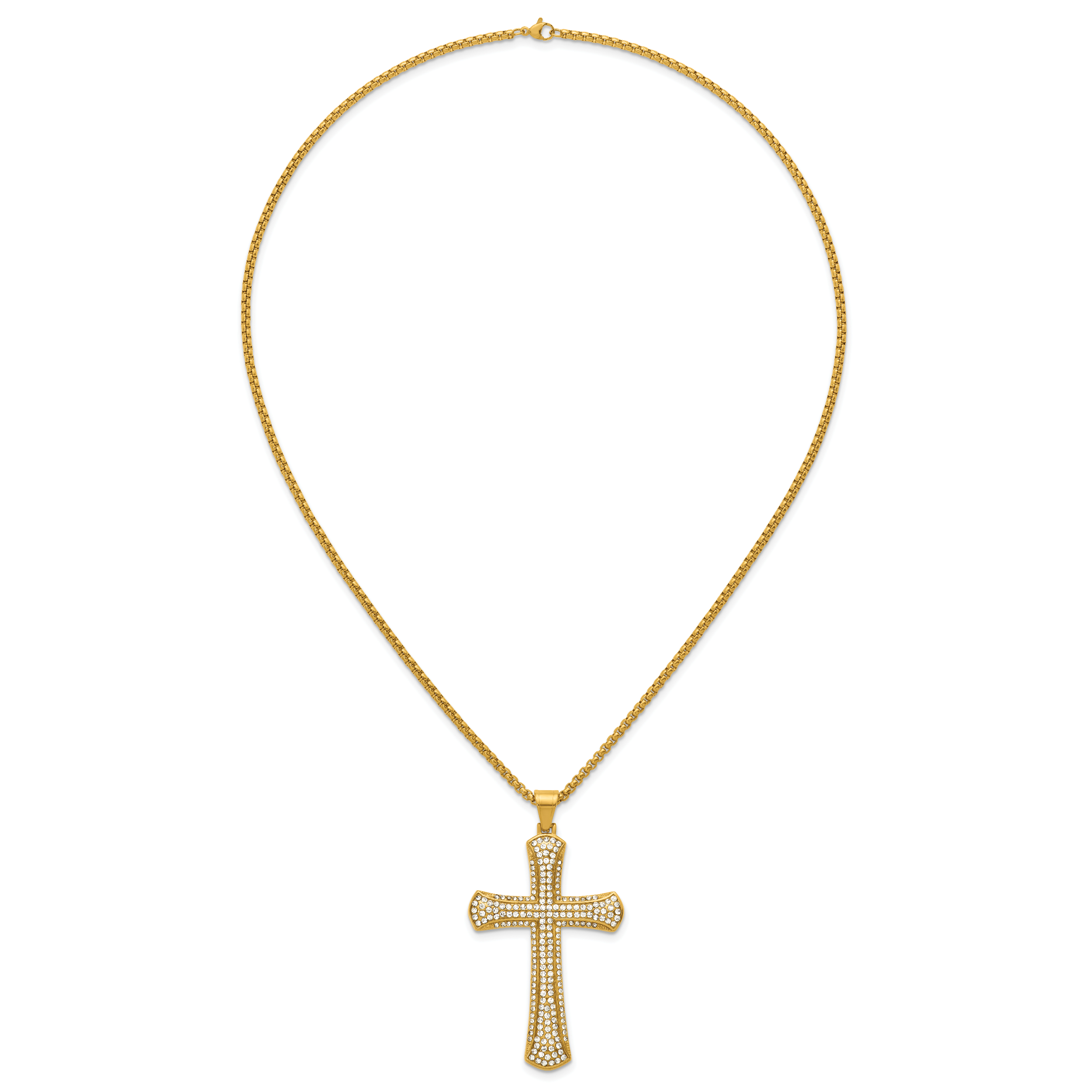 Gold-Tone Polished Crystal Cross Stainless Steel Rolo Chain Necklace 24in