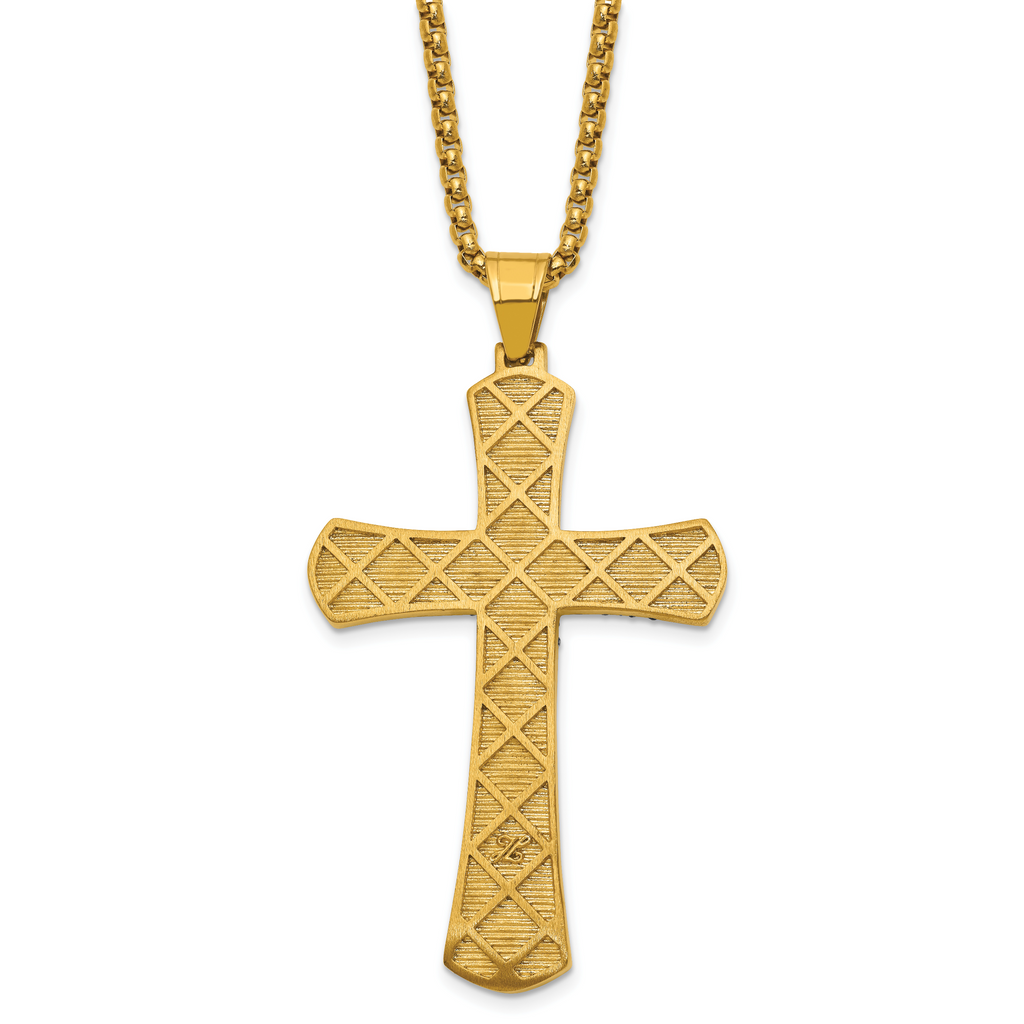 Gold-Tone Polished Crystal Cross Stainless Steel Rolo Chain Necklace 24in