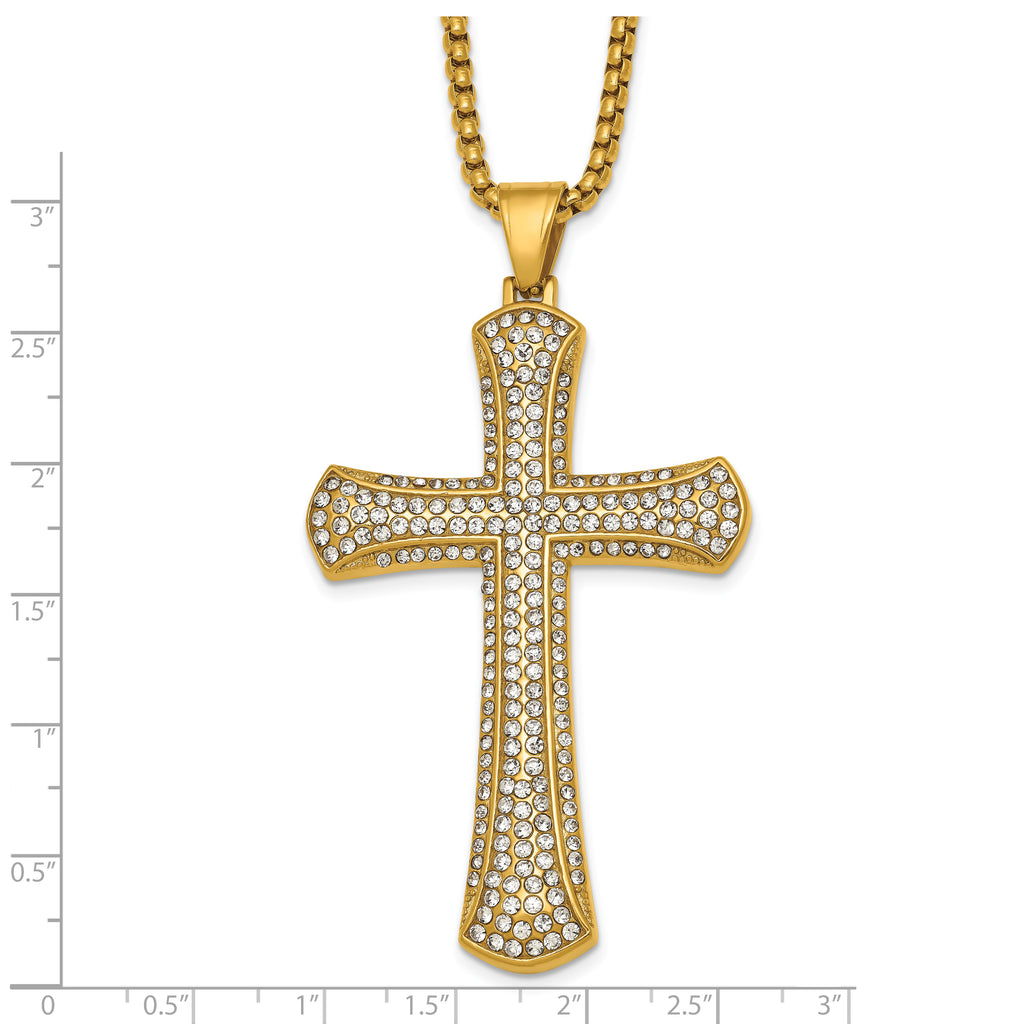Gold-Tone Polished Crystal Cross Stainless Steel Rolo Chain Necklace 24in