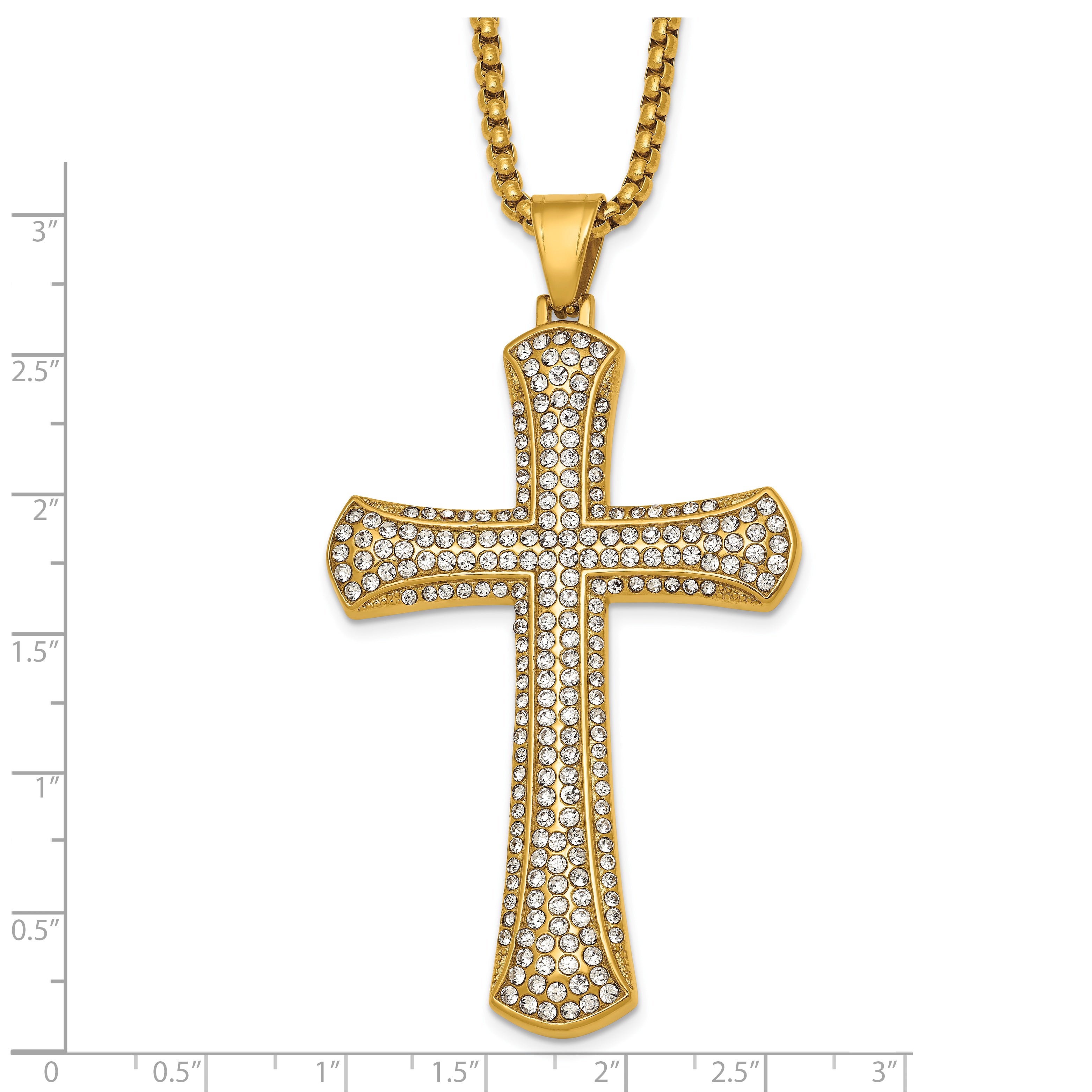 Gold-Tone Polished Crystal Cross Stainless Steel Rolo Chain Necklace 24in