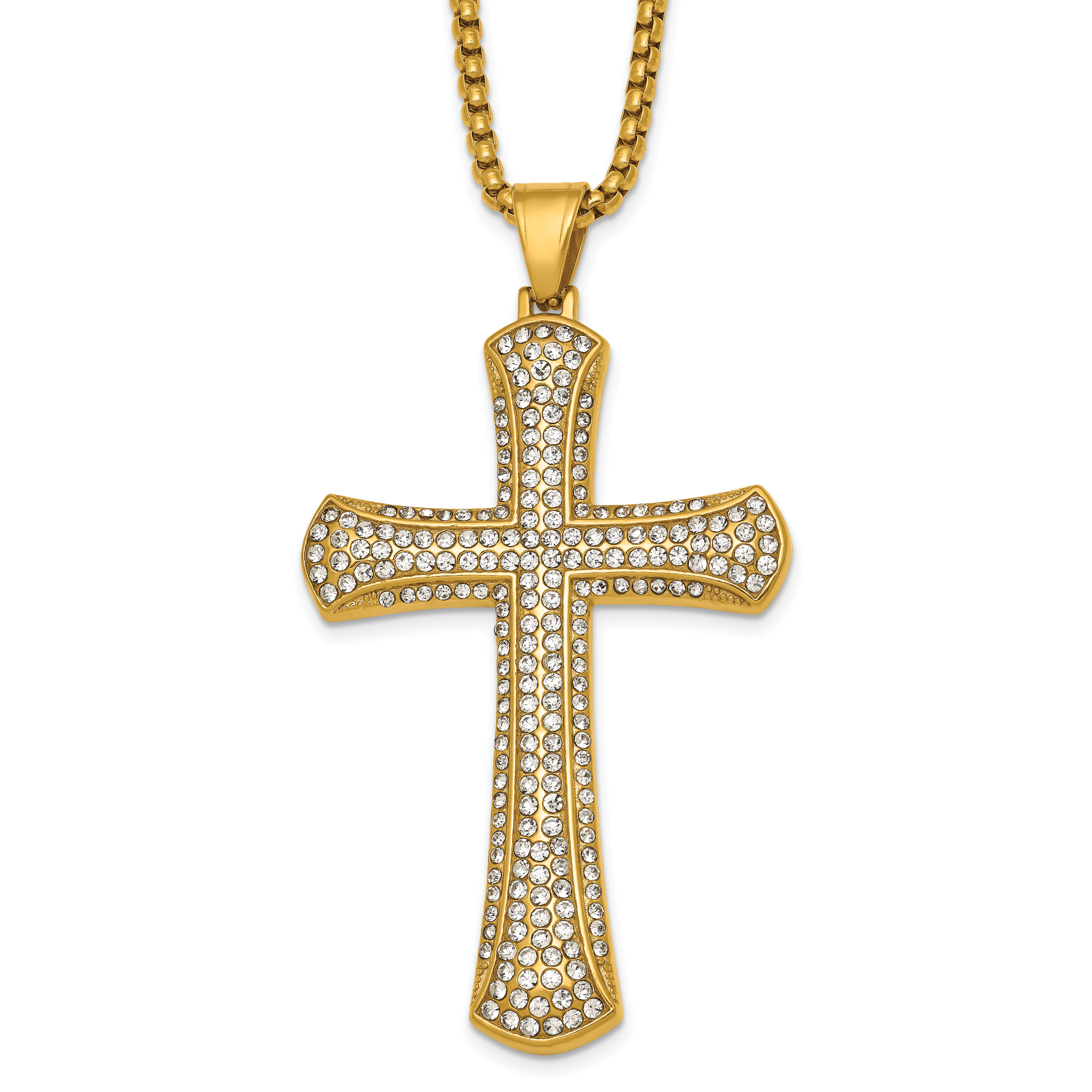 Gold-Tone Polished Crystal Cross Stainless Steel Rolo Chain Necklace 24in