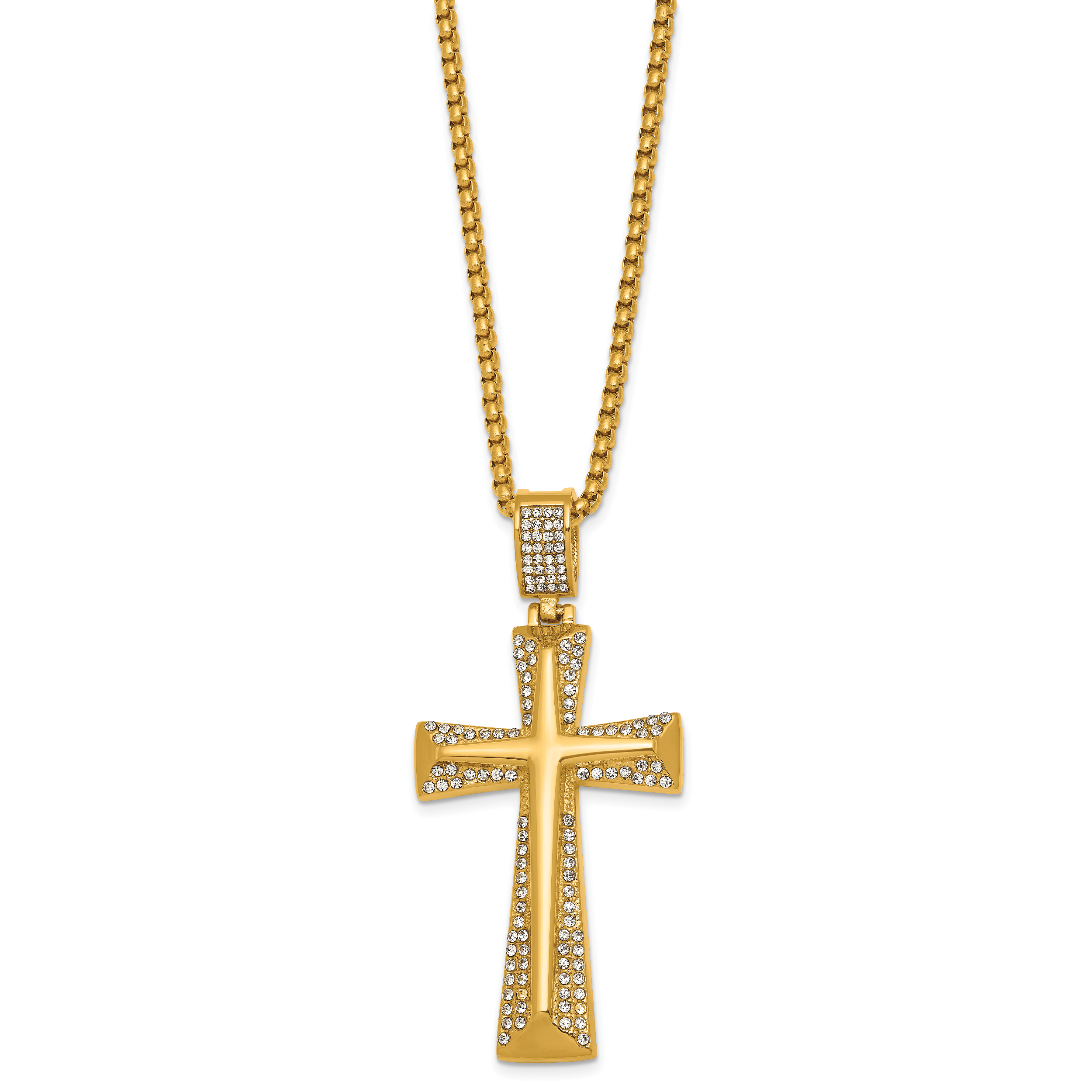 Gold-Tone Polished Crystal Cross Stainless Steel Rolo Chain Necklace 24in